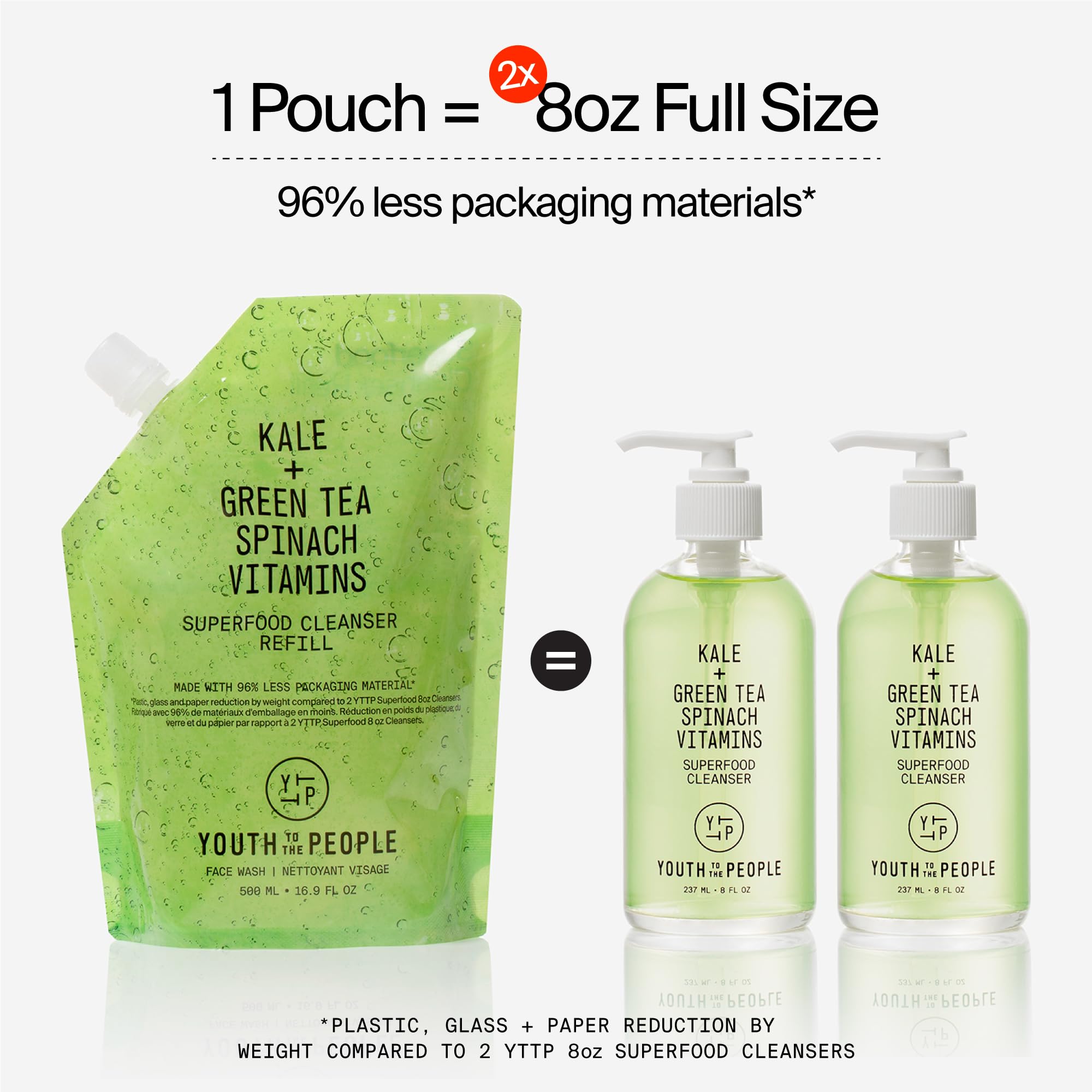 Youth To The People Superfood Cleanser Refill Bundle - Kale + Green Tea Face Wash (8oz Bottle + 16oz Refill Pouch) | Award-Winning Vegan Cleanser for All Skin Types | Gentle Makeup Remover & Daily Skincare Routine Essential