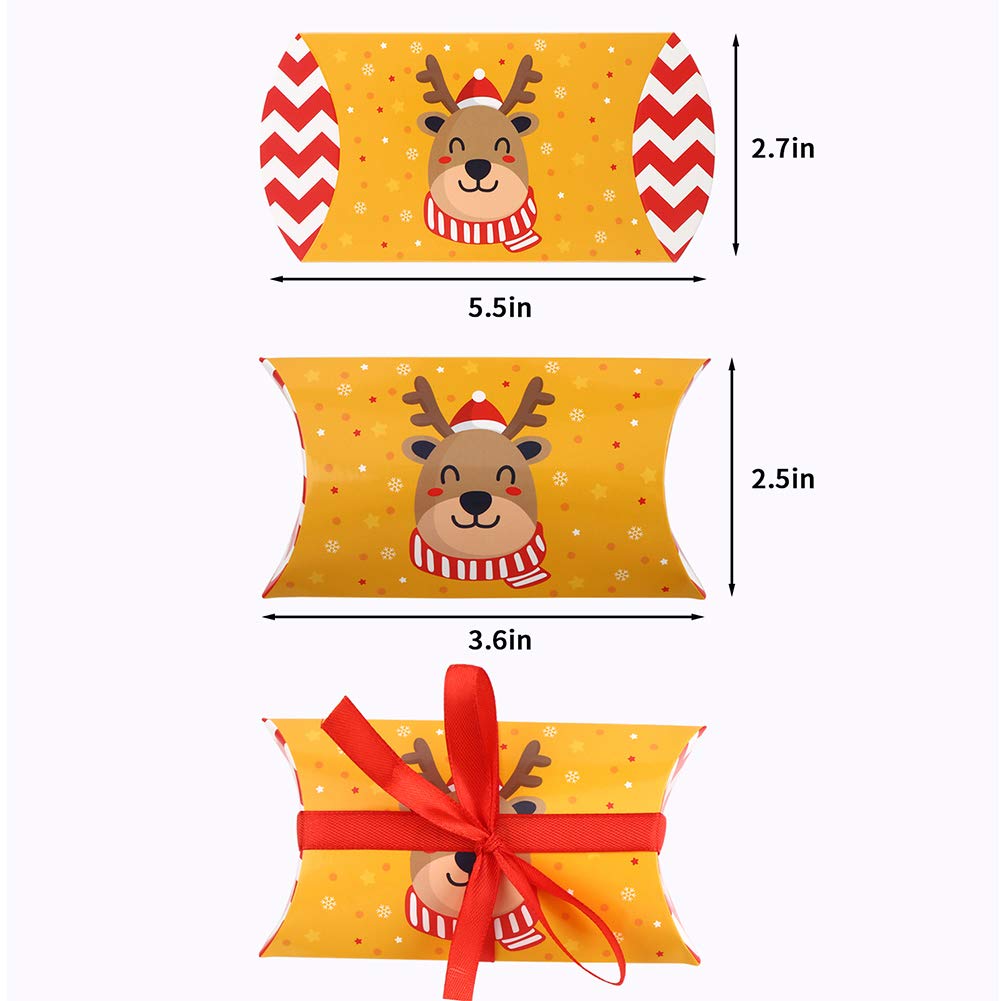 CCINEE Christmas Pillow Boxes - 50PCS Xmas Candy Gift Boxes with Red Ribbon Ties, Santa Elk Design for Holiday Party Favors, Stocking Stuffers & Christmas Gift Card Holders | Perfect for Holiday Decorations, Office Gifts & Festive Celebrations