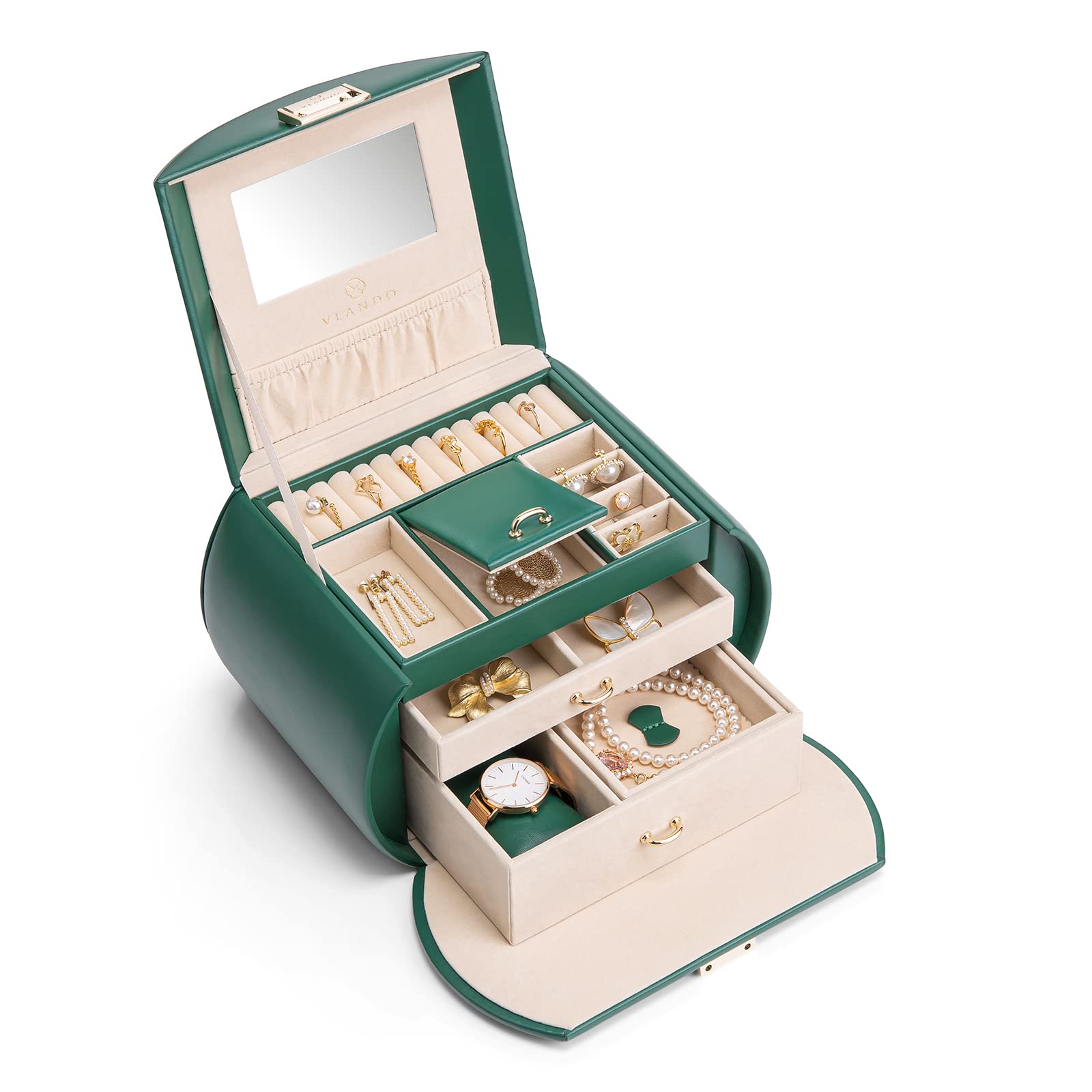 Vlando Leather Jewelry Box Organizer with Mirror - Princess Style Jewelry Storage Case for Necklaces, Earrings, Rings & Watches - Blackish Green - Perfect for Travel, Home Vanity & Gift Giving