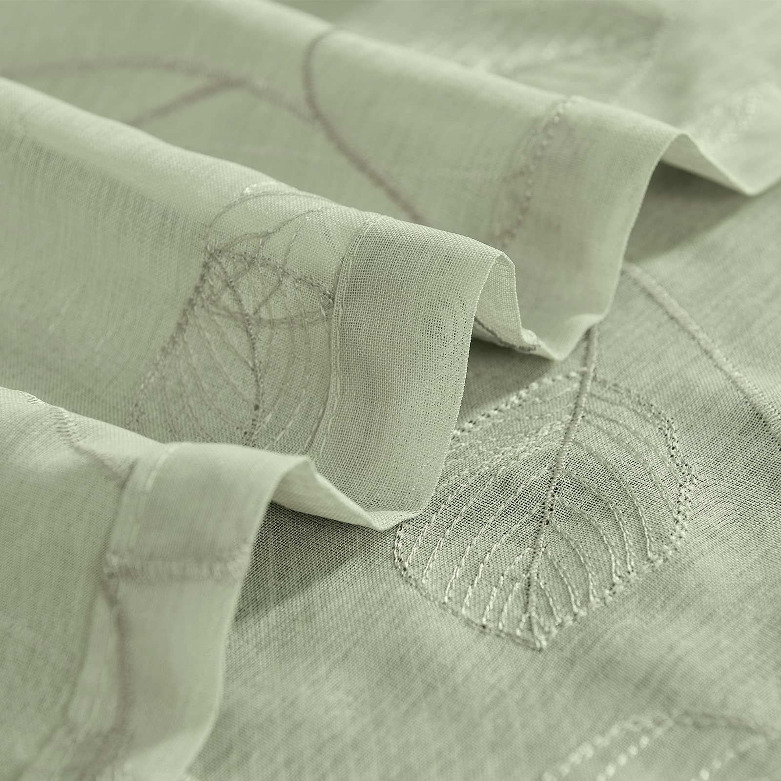 Sage Green Sheer Leaf Embroidered Voile Kitchen Valance - Farmhouse Style Window Curtain with 18 Inch Rod Pocket, Semi-Sheer Design for Kitchen, Living Room & Bedroom Decor