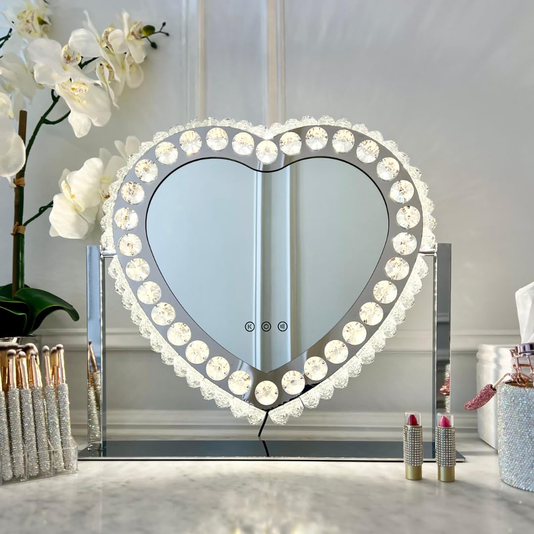 Heart LED Vanity Mirror with Crystal Accents - 3 Color Lighting Illuminated Makeup Mirror for Dressing Table, Bathroom & Bedroom Beauty Routine