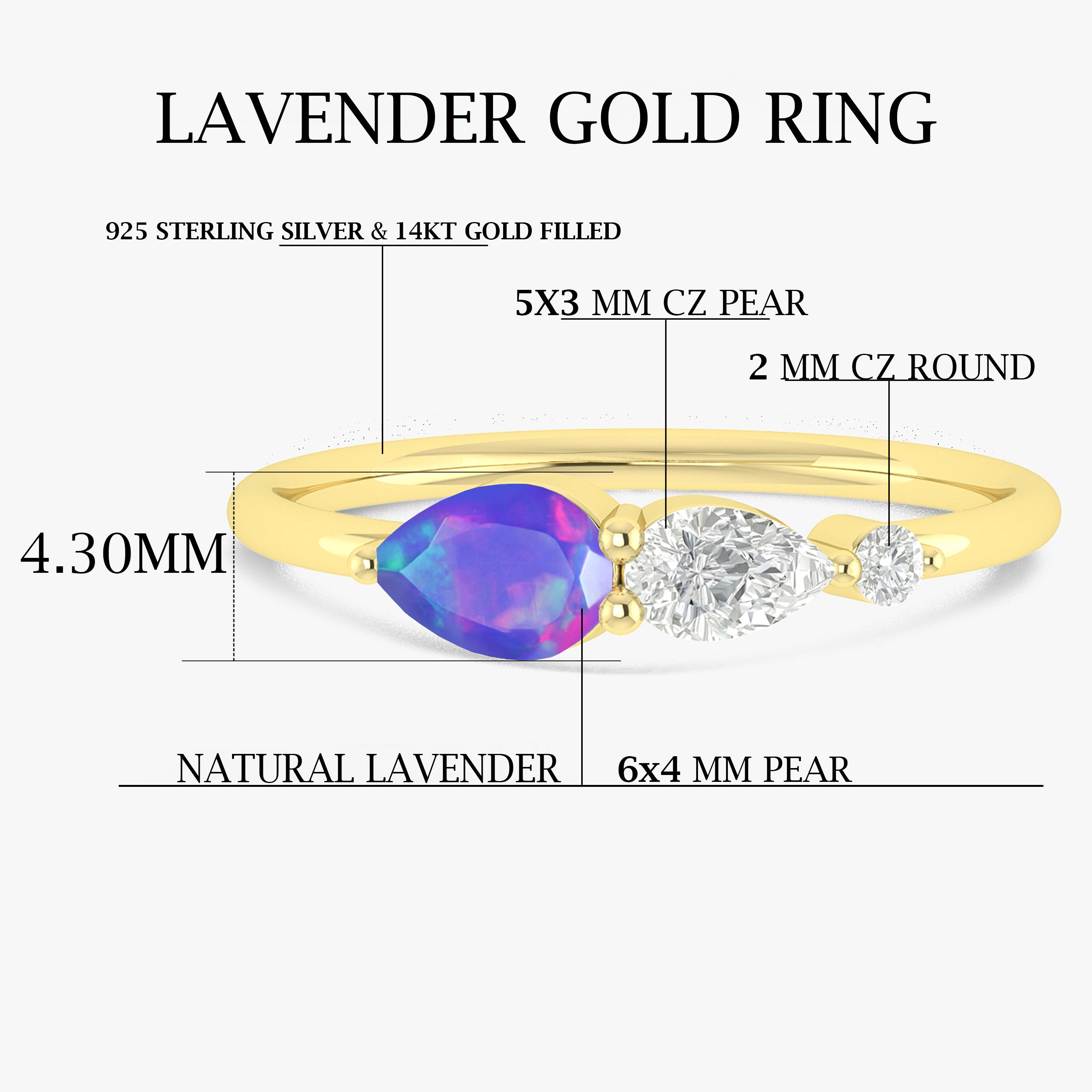 Lavender Fire Opal Pear Three Stone Ring - Elegant Dainty Jewelry for Women, Wedding, Anniversary & Special Occasion Gifts