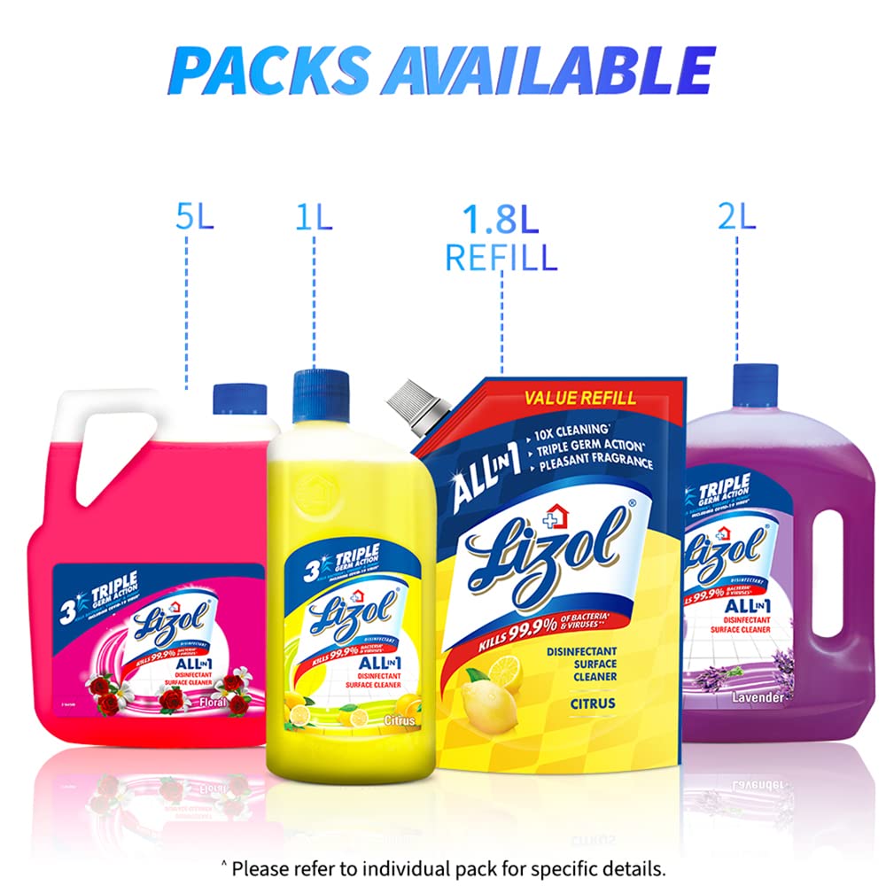 Lizol 1800ml Floral Disinfectant Surface & Floor Cleaner Liquid Refill Pack - Kills 99.9% Germs | All-Purpose Floor Cleaner for Tile, Wood & Marble | Ideal for Homes, Offices & Hospitals | India's #1 Trusted Floor Disinfectant
