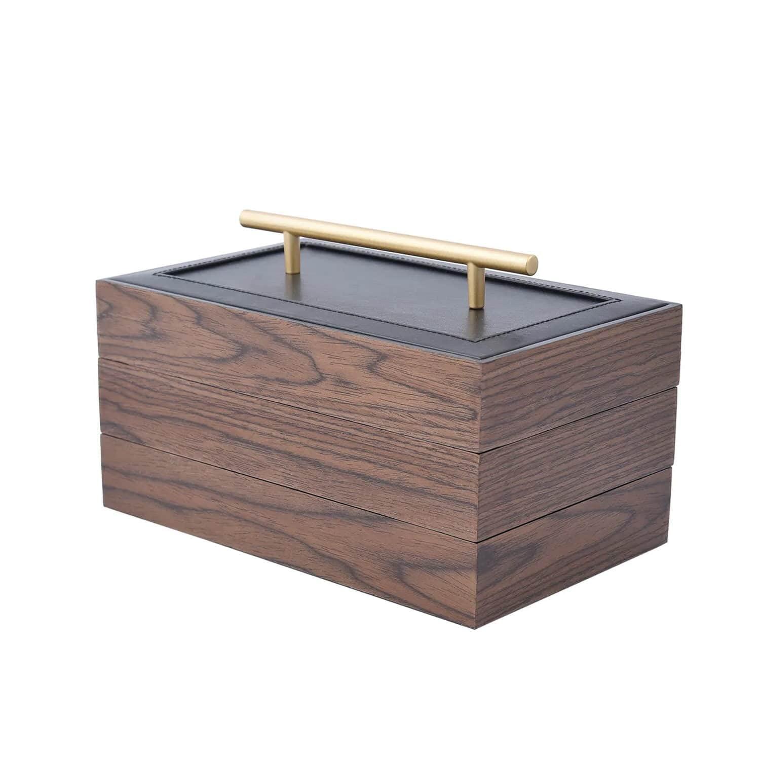 Brown Wooden Walnut Jewelry Organizer - 3-Tier Faux Leather Ring & Necklace Storage Box - Perfect for Home Decor, Bedroom Vanity, and Birthday Gifts