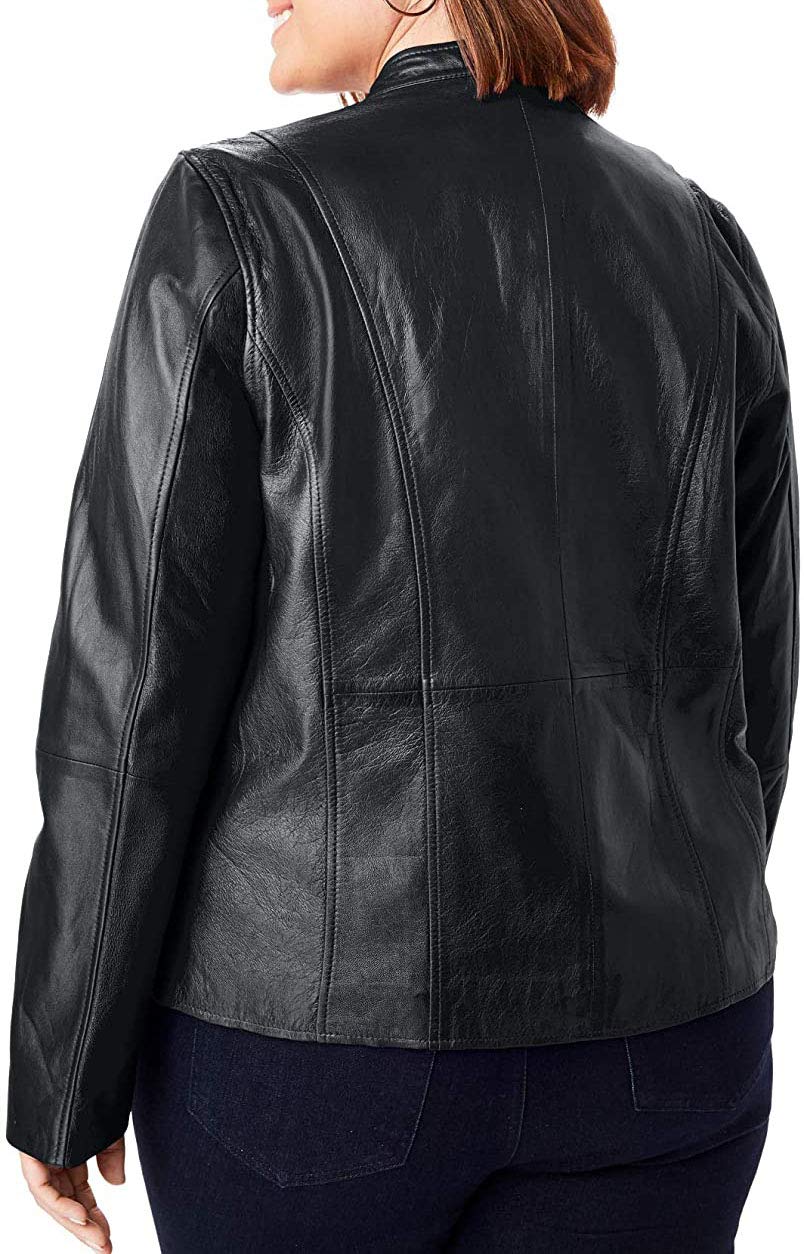 Women's Plus Size Leather Jacket with Band Collar - Premium Genuine Leather Biker Style Coat for Curvy Ladies | Perfect for Casual Outfits, Motorcycle Riding & Fall Fashion