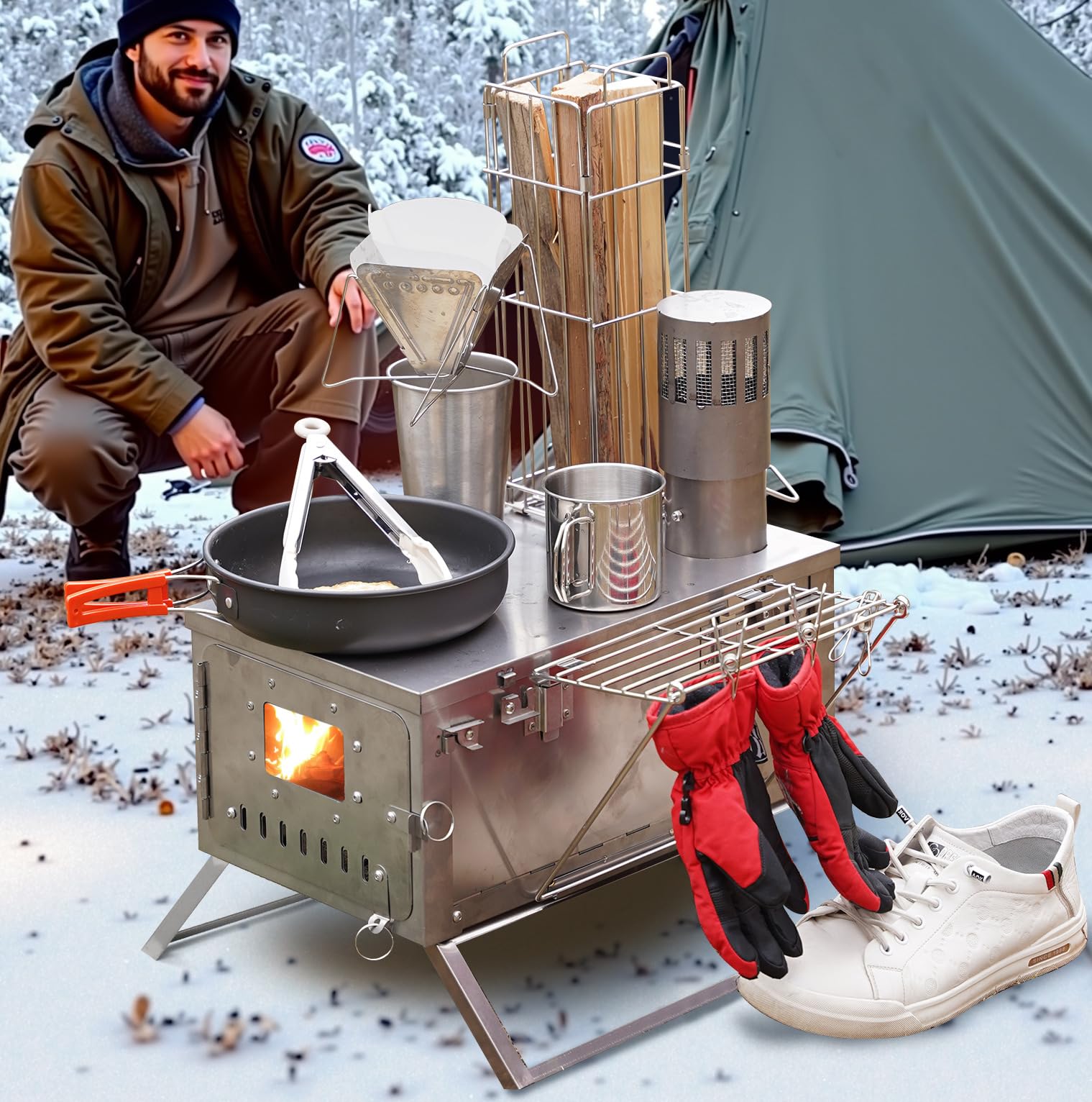 Woods Walker Titanium Hot Tent Wood Stove - Portable Folding Ultra Lightweight for Winter Camping, Hiking, Backpacking | BBQ Grill & Chimney Included | Perfect for Outdoor Cooking & Survival Gear