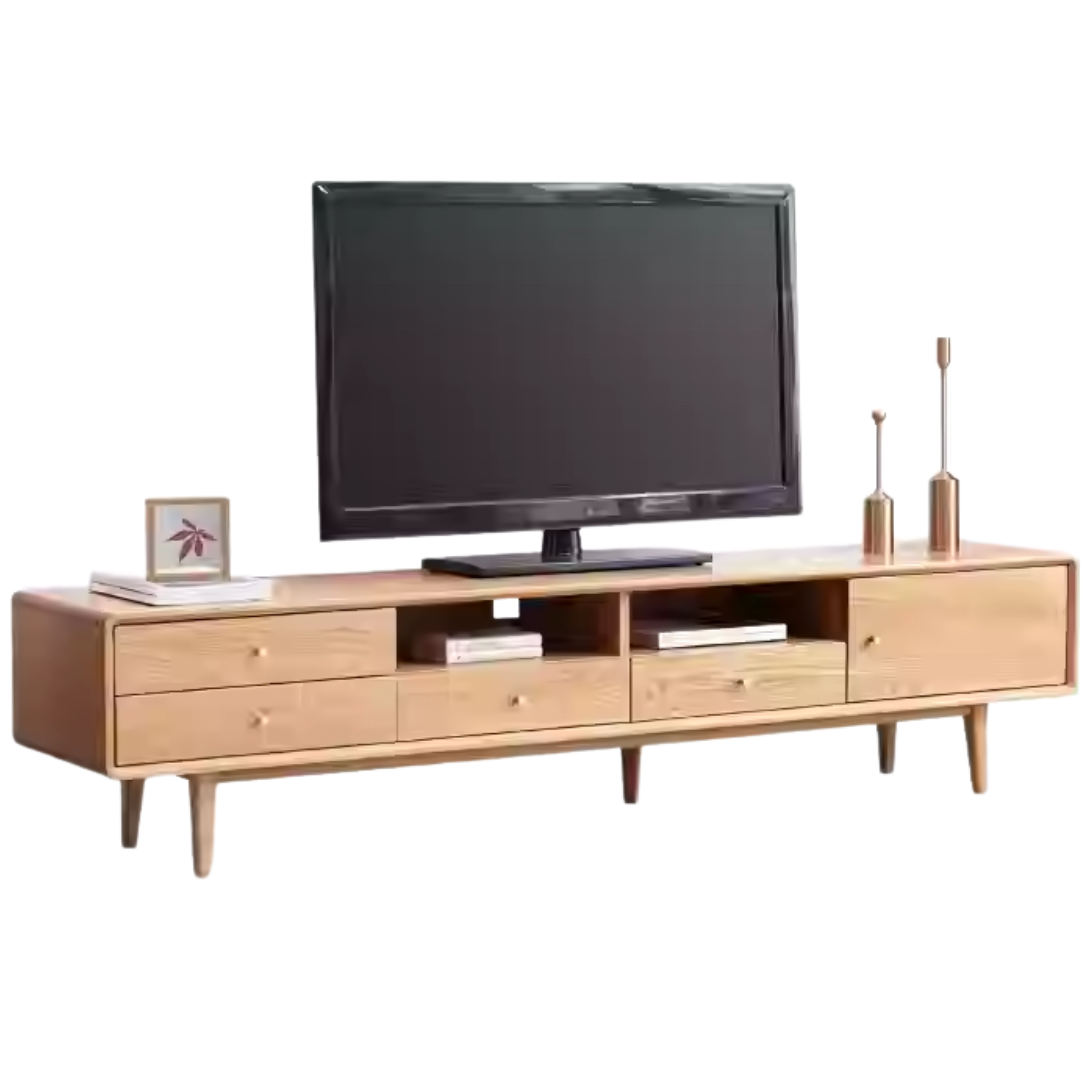 Solid Oak Wood Scandinavian TV Stand with Storage - Modern Living Room Entertainment Center for TV, Gaming & Media Storage