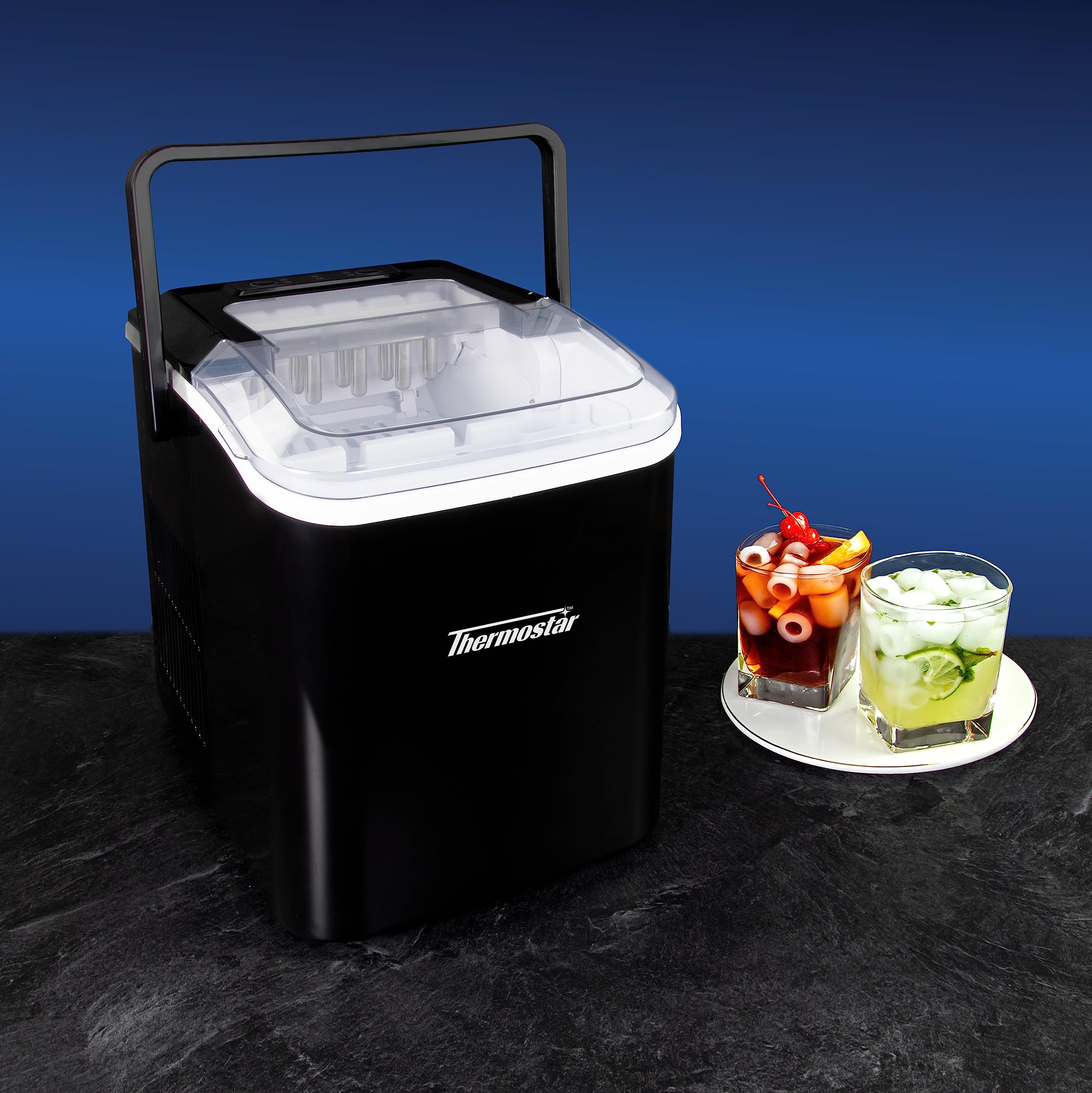 **Thermostar 26Lbs/24Hrs Self-Cleaning Portable Ice Maker with Handle & Accessories - Perfect for Cocktails, Parties, RV Travel & Home Use**
