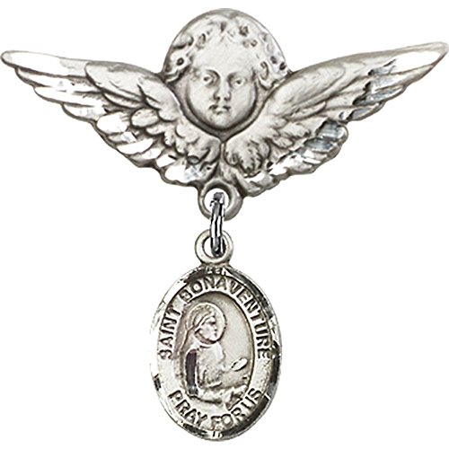 St. Bonaventure Sterling Silver Baby Badge with Angel Wing Charm - 1 1/8 X 1 1/8 Inch Religious Pin for Baptism, Christening & First Communion Gifts