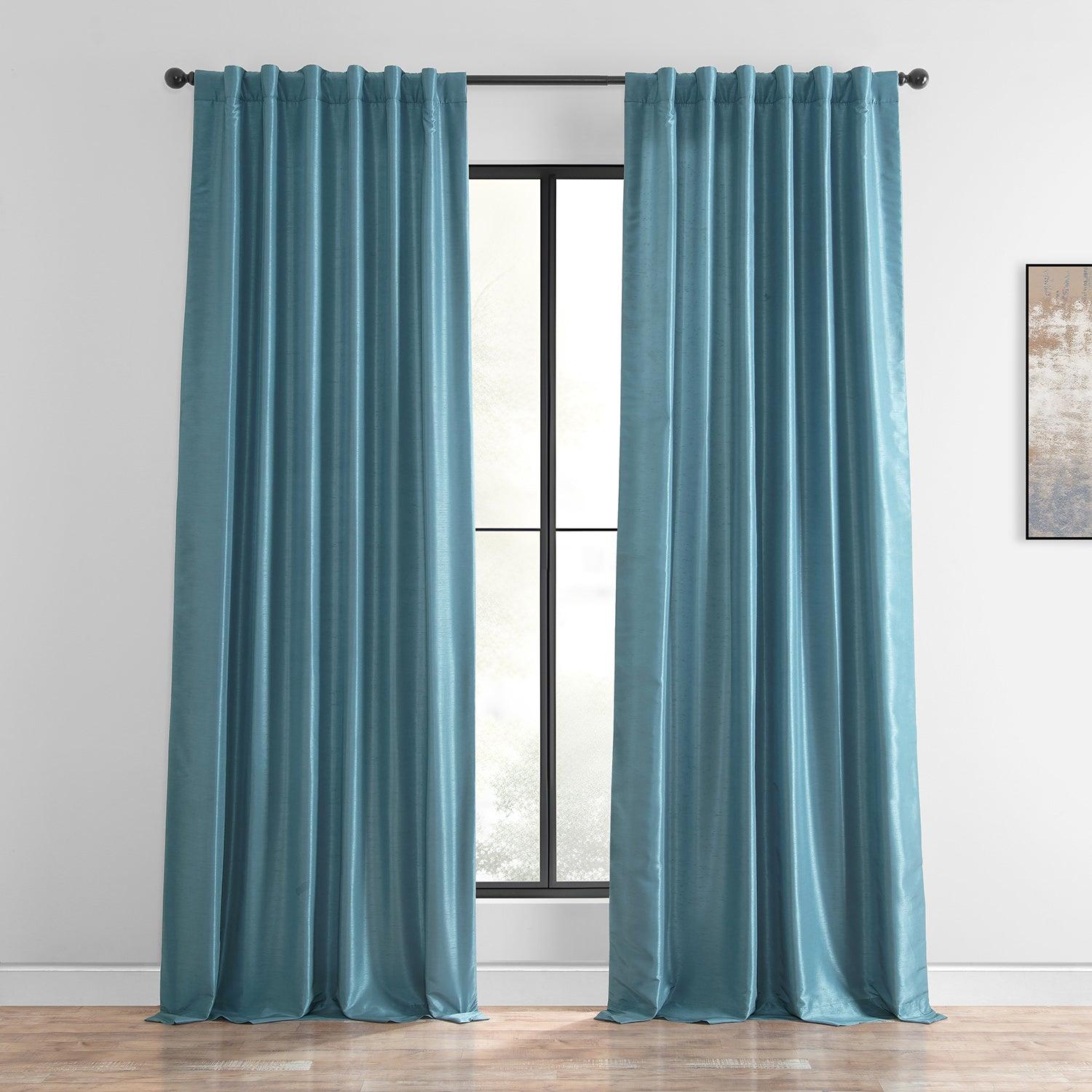 Nassau Blue Vintage Textured Faux Dupioni Silk Curtains - Elegant Window Drapes for Living Room, Bedroom & Dining Room Decor
