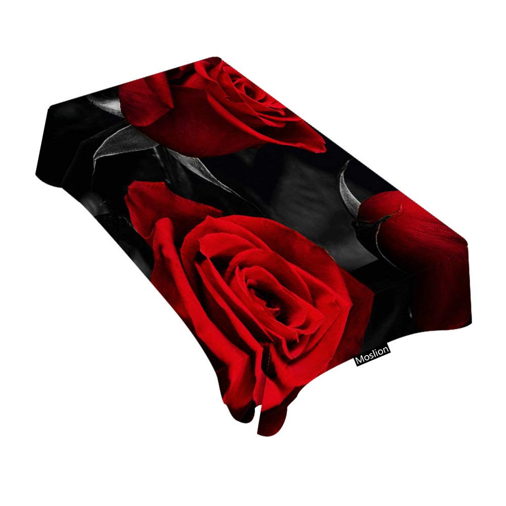 Red Rose and Black Leaves Floral Tablecloth - 60 x 84 Inch Rectangle Decorative Table Cover for Dining, BBQ, Picnic, Coffee Table | Perfect for Wedding, Party, and Home Decor