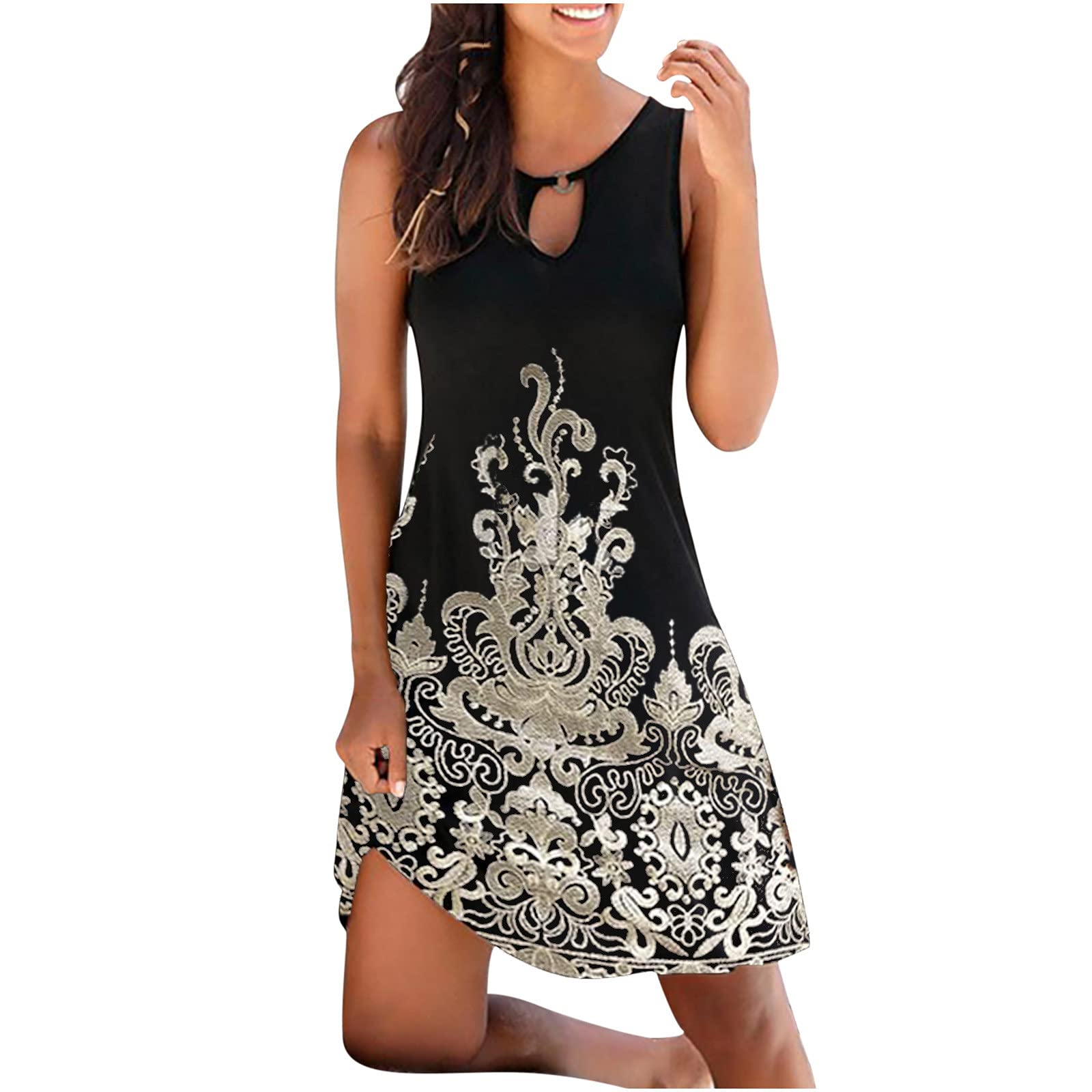 LADIGASU Women's Summer Casual Sleeveless Mini Dress - Boho Floral Print A-Line Keyhole Design for Beach, Vacation & Date Night Outfits