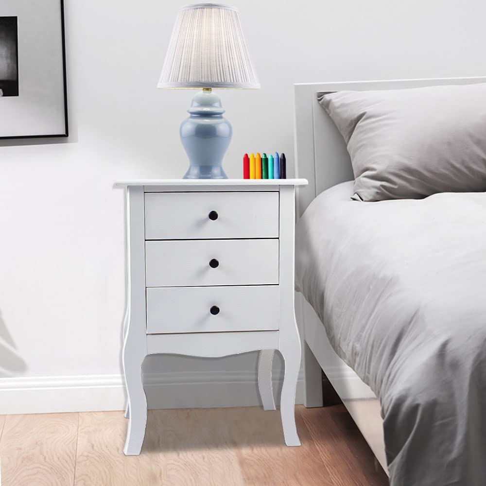 White Nightstand with 3 Drawers - Farmhouse Style Wooden Side Table with Solid Wood Legs | Bedroom Storage Cabinet, End Table for Living Room & Guest Room