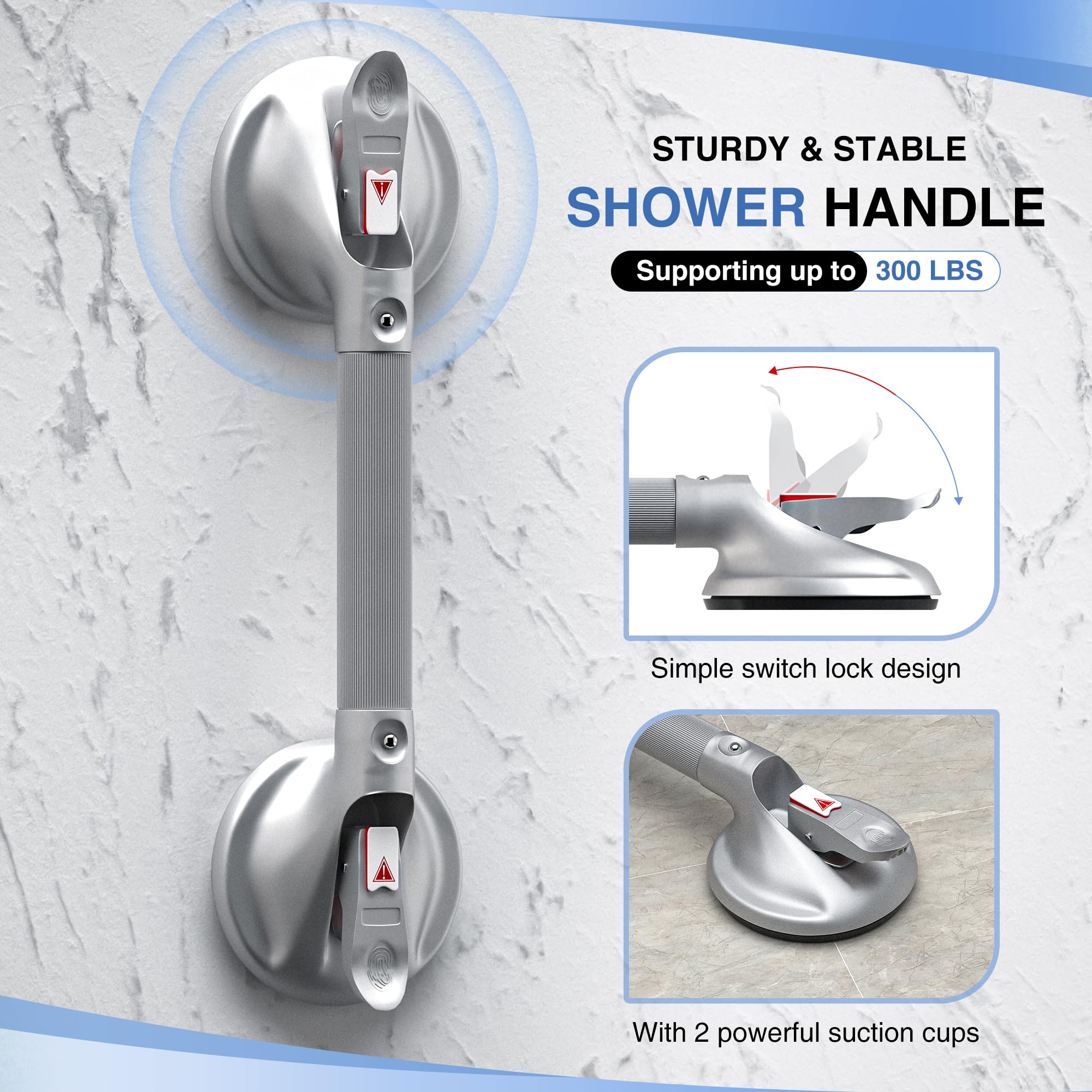 DAILYLIFE 19 Inch Heavy Duty Shower Grab Bar with Strong Suction Cups - 300lbs Weight Capacity Safety Handrail for Seniors & Elderly - Non-Slip Bathroom Assist Handle for Bathtubs & Showers (Silver) - Perfect for Fall Prevention & Mobility Assistance in Wet Areas