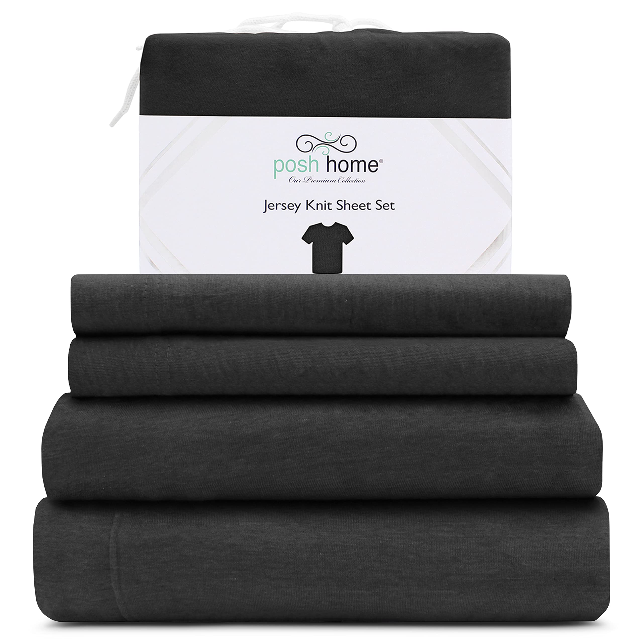 Posh Home Jersey Knit Sheet Set - 4-Piece Soft & Breathable Cotton Jersey Bed Sheets - Includes Flat Sheet, Fitted Sheet & 2 Pillowcases - California King Size, Black - Perfect for Cozy Nights & Luxurious Sleep