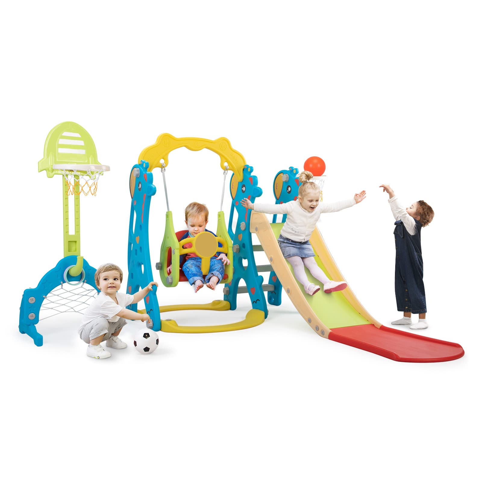 6-in-1 Toddler Slide and Swing Set - Indoor/Outdoor Freestanding Playground with Basketball Hoop for Kids Ages 3-12 | Backyard Slide & Climber for Toddlers & Children | Perfect for Home Playgrounds, Daycares, and Outdoor Family Fun