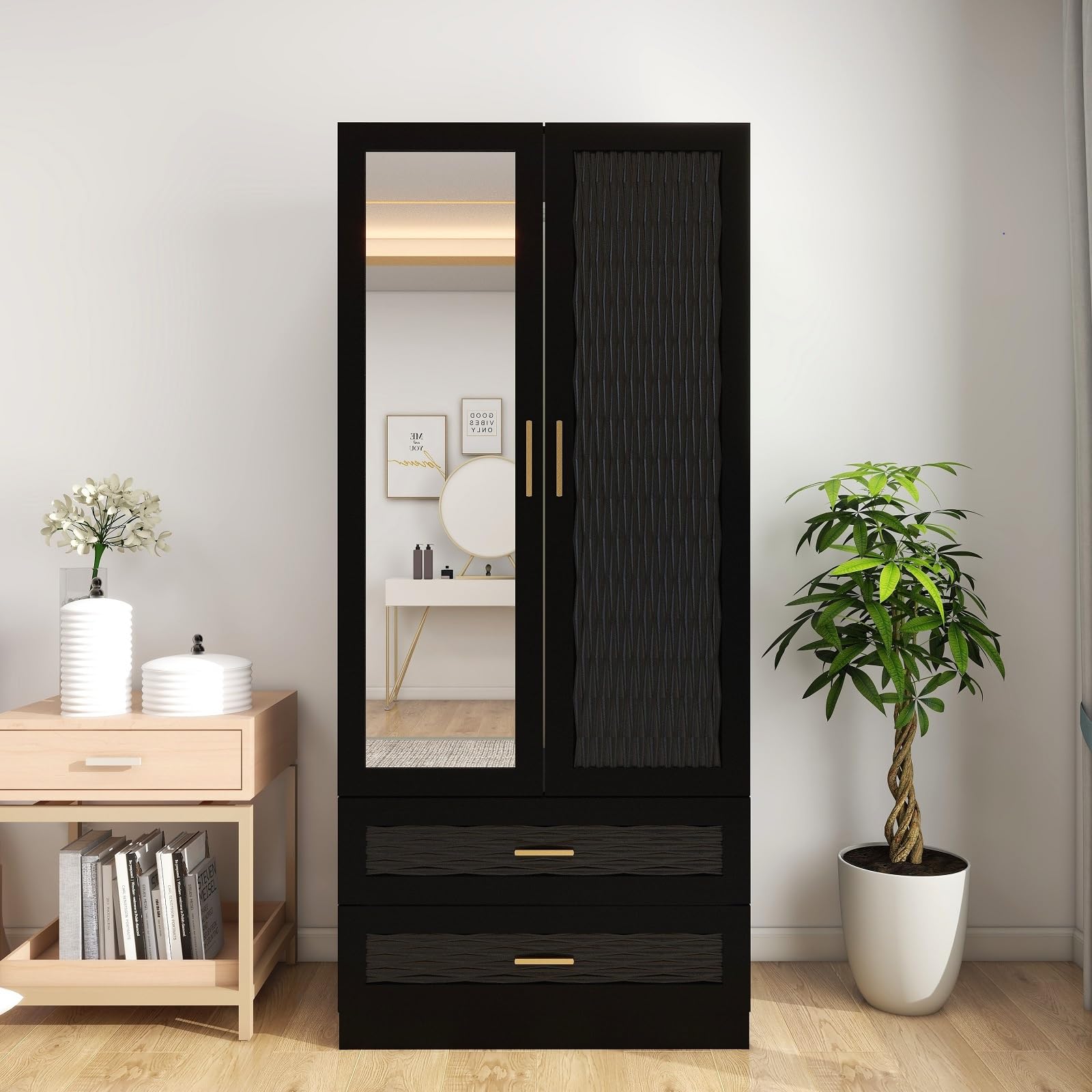 Black Armoire Wardrobe Closet with Mirrors & 2 Doors - 31.5