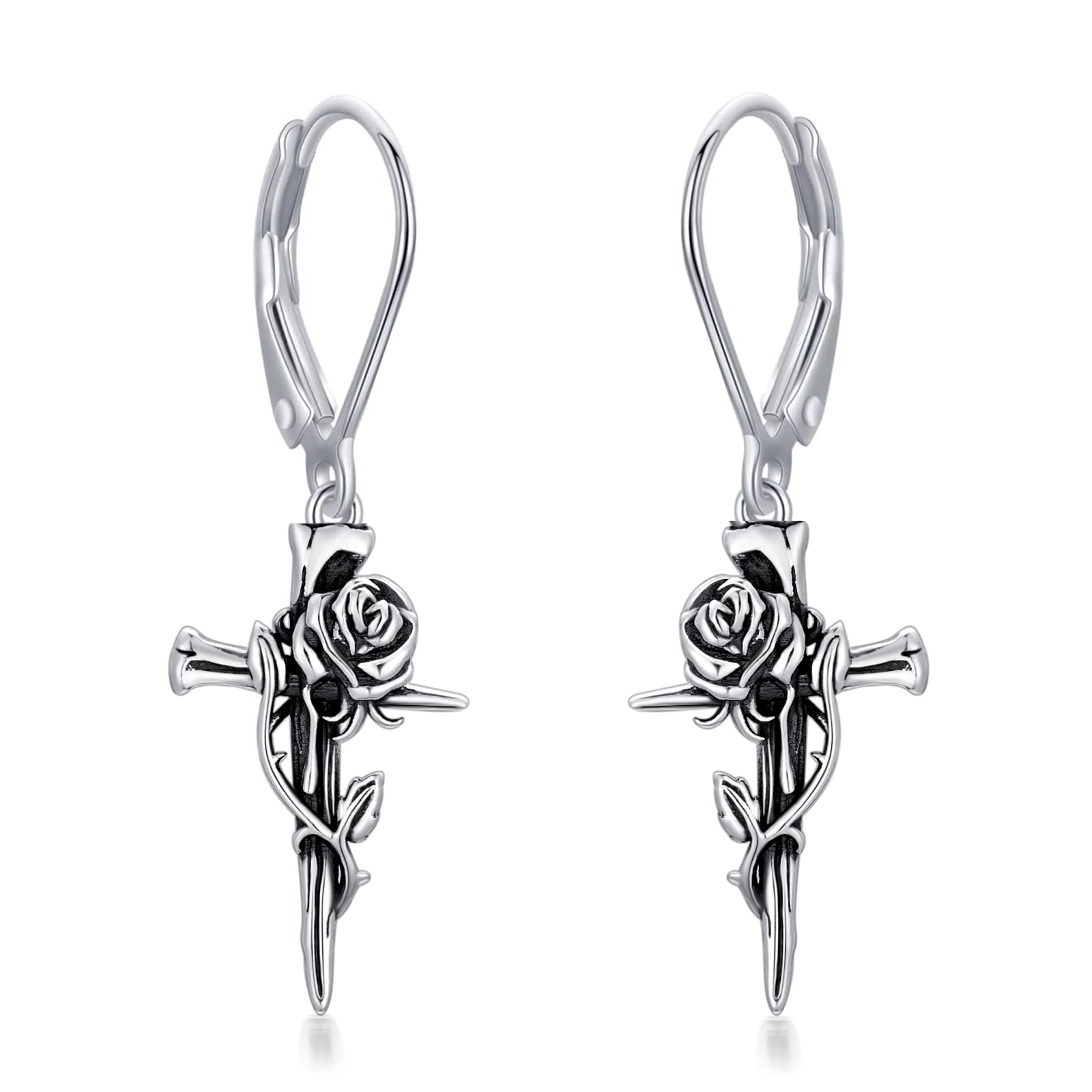 PROESS Sterling Silver Rose Cross Leverback Earrings for Women - Elegant Nail Cross Jewelry Gift for Birthday, Wedding & Everyday Wear