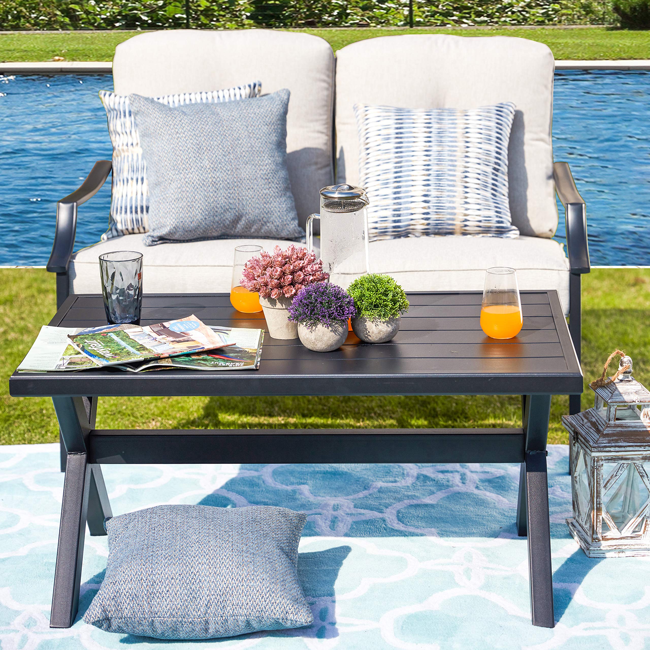 LOKATSE HOME 2-Piece Outdoor Patio Conversation Set - Metal Bench Sofa with Cushions & Coffee Table, Beige Loveseat for Garden, Backyard, Poolside Relaxation
