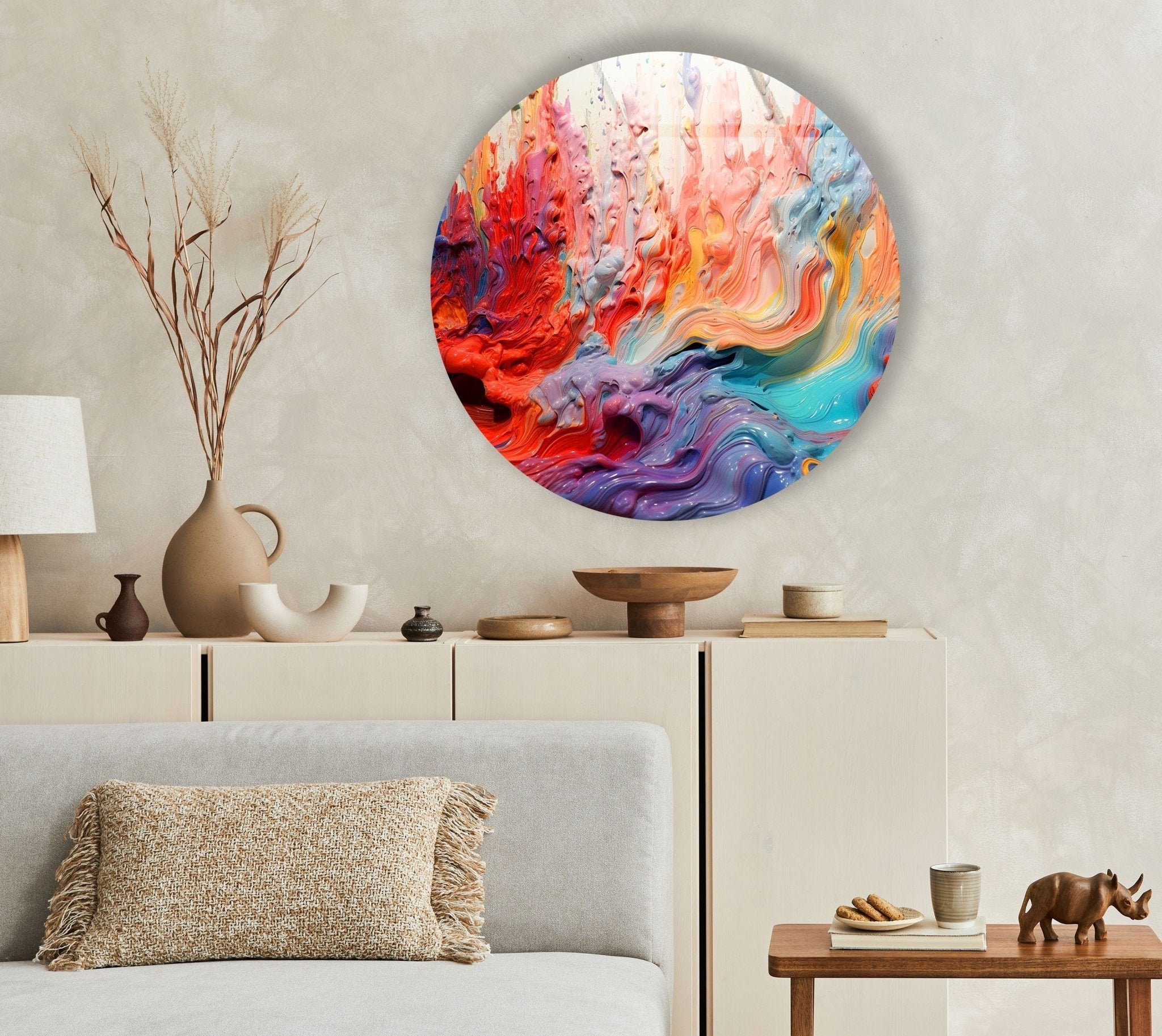 Abstract Round Pink Oil Art Glass Wall Decor - Modern Handmade Glass Painting for Living Room, Bedroom & Office