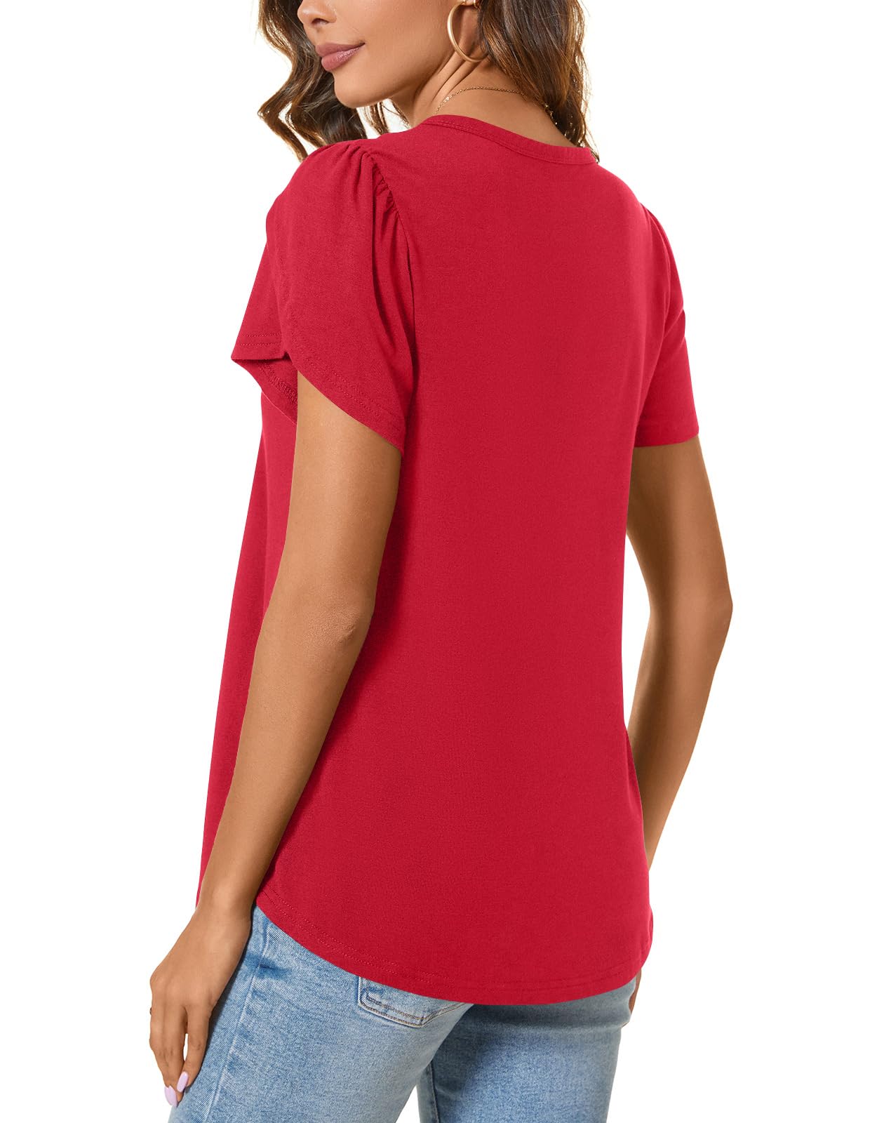 BISHUIGE Women's Casual Summer Tops - V Neck Loose Tunic Blouse with Button Detail, Ruffle Sleeves & Pleated Design | Perfect for Beach Outfits, Vacation Wear & Everyday Casual Style