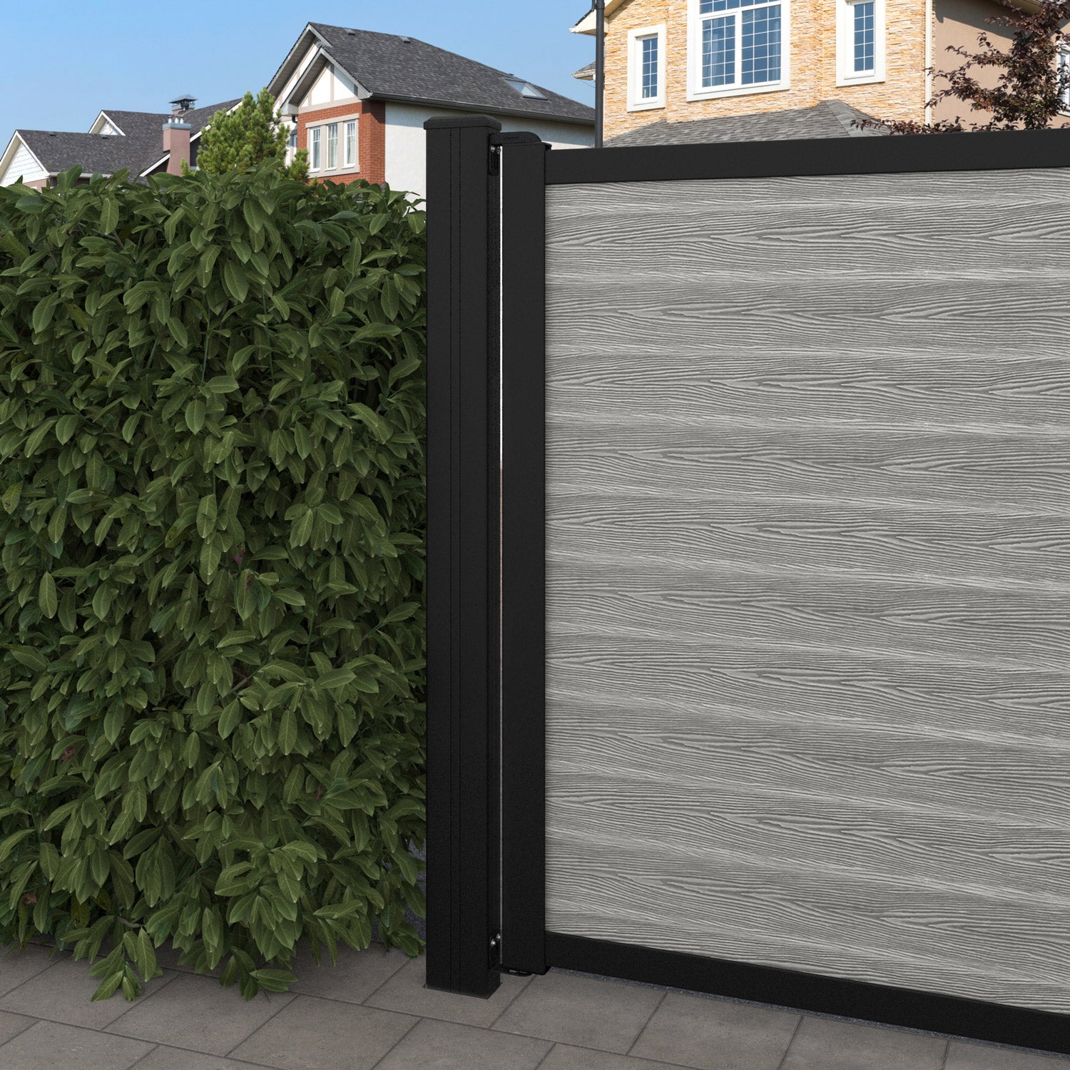 Classic Feather Curved Top Driveway Gate - Light Grey Metal Fence with Middle & End Screen Panels | Elegant Home & Garden Security Barrier for Driveway, Yard, and Property Entrance