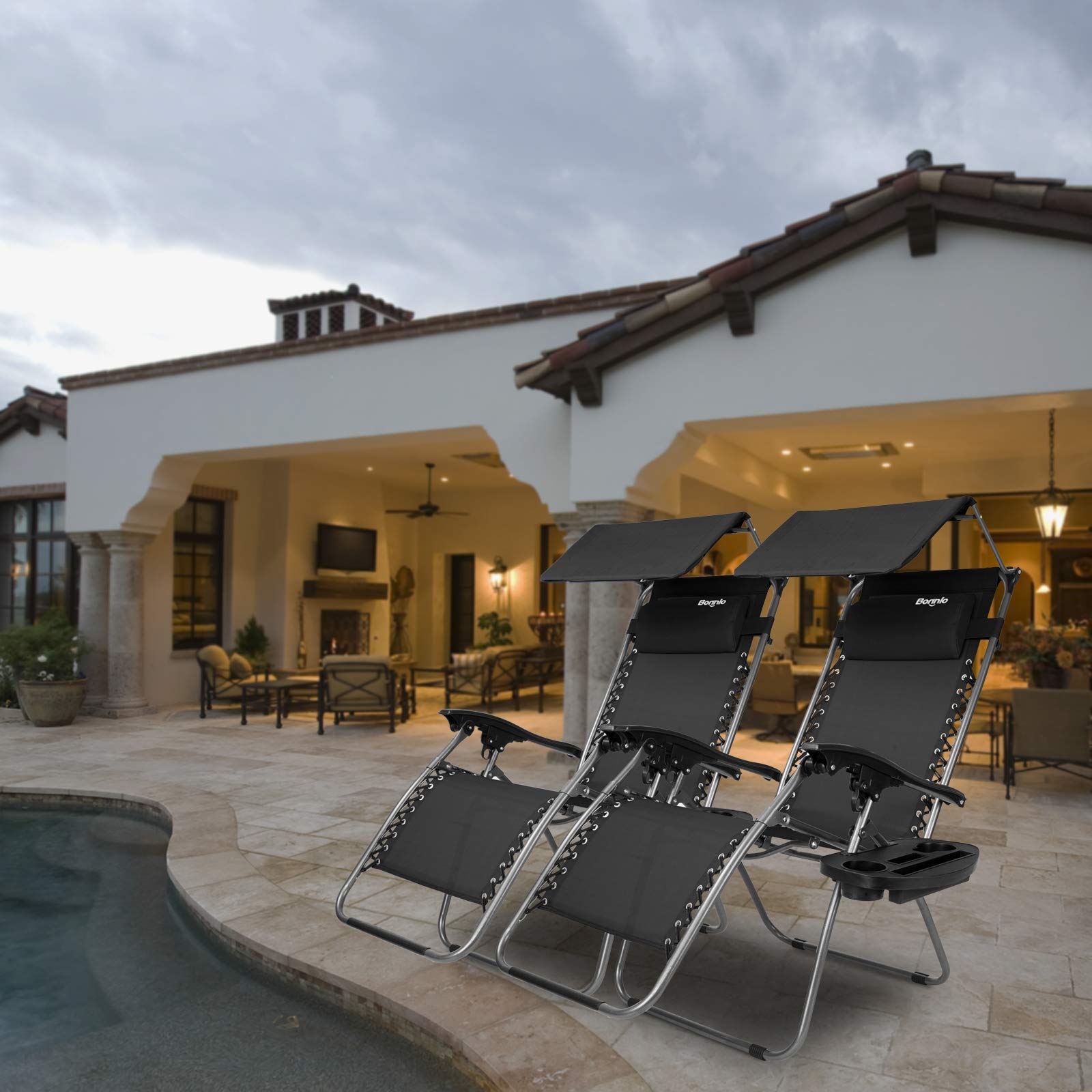 Bonnlo Zero Gravity Lounge Chair with Adjustable Canopy - Folding Recliner with Cup Holder & Headrest - Patio, Beach & Garden Outdoor Relaxation (Blue/Black, 2-Pack) - Perfect for Poolside Lounging, Backyard Sunbathing & Camping Comfort