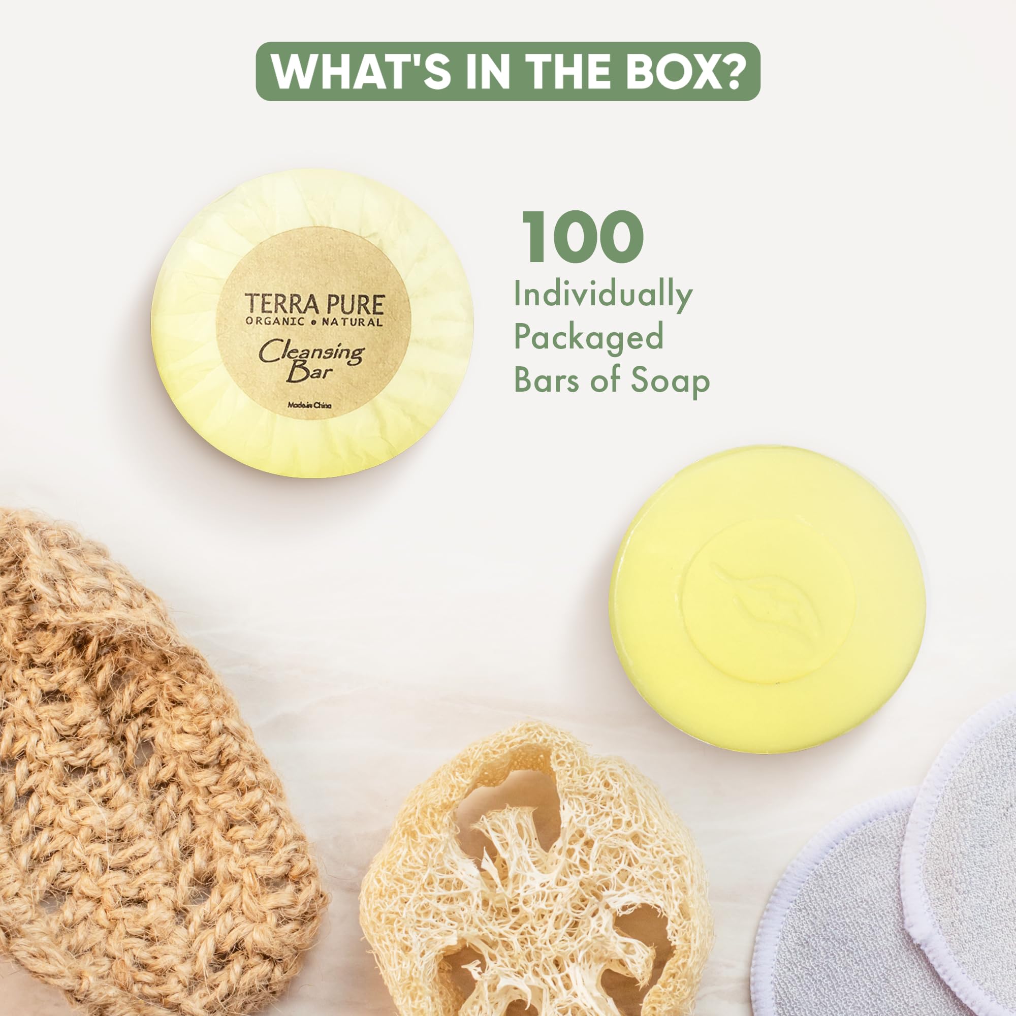 Terra Pure Bar Soap - Travel Size (0.6 oz) | Pack of 100 | Natural Hotel Amenities for Guests | Perfect for Hotels, Airbnb, and Travel Toiletries