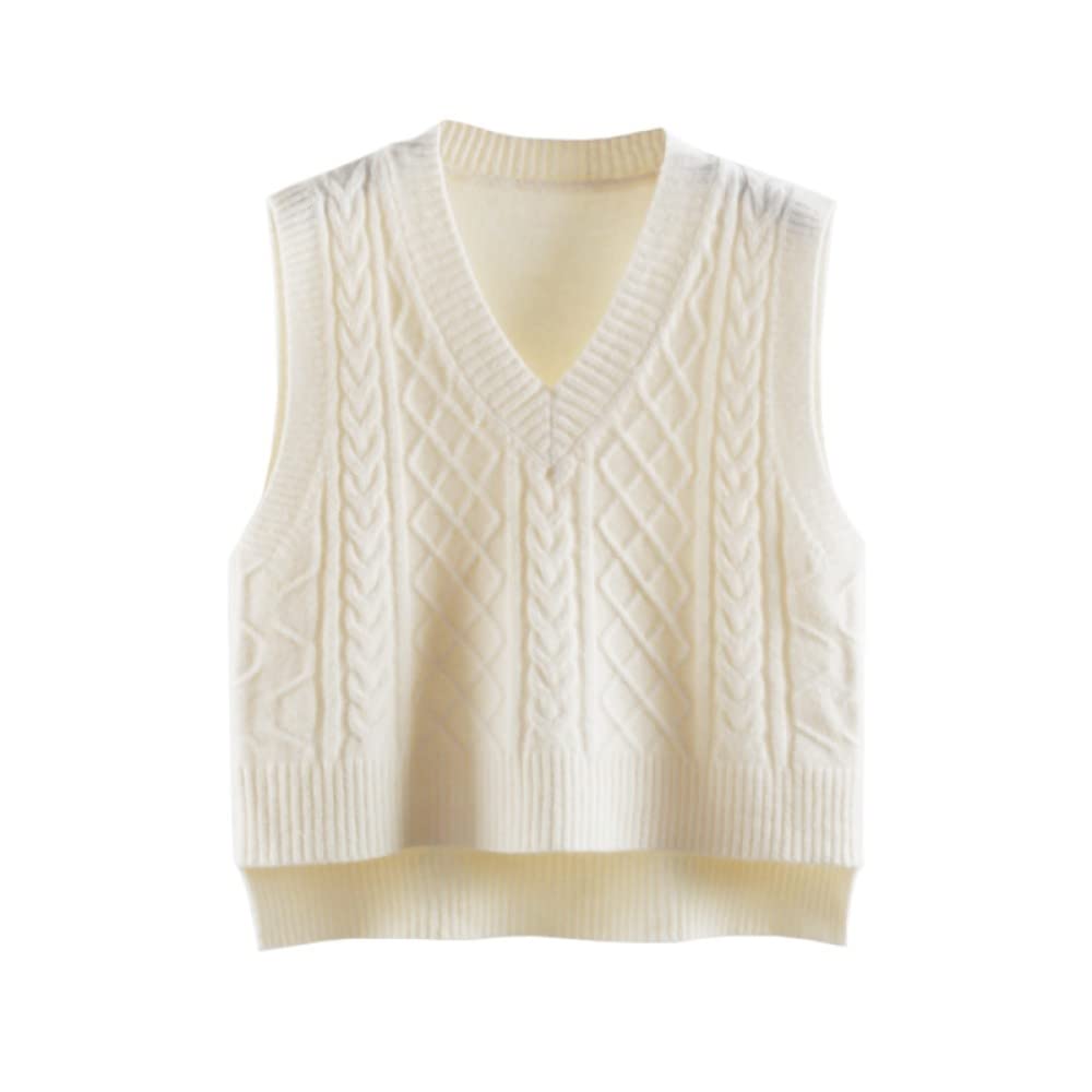 Women's Beige V-Neck Sweater Vest - Short Sleeveless Knitted Gilet with Diamond-Shaped Twist Jacquard Design | Classic Preppy Style Waistcoat for Office, School Uniform & Casual Outfits