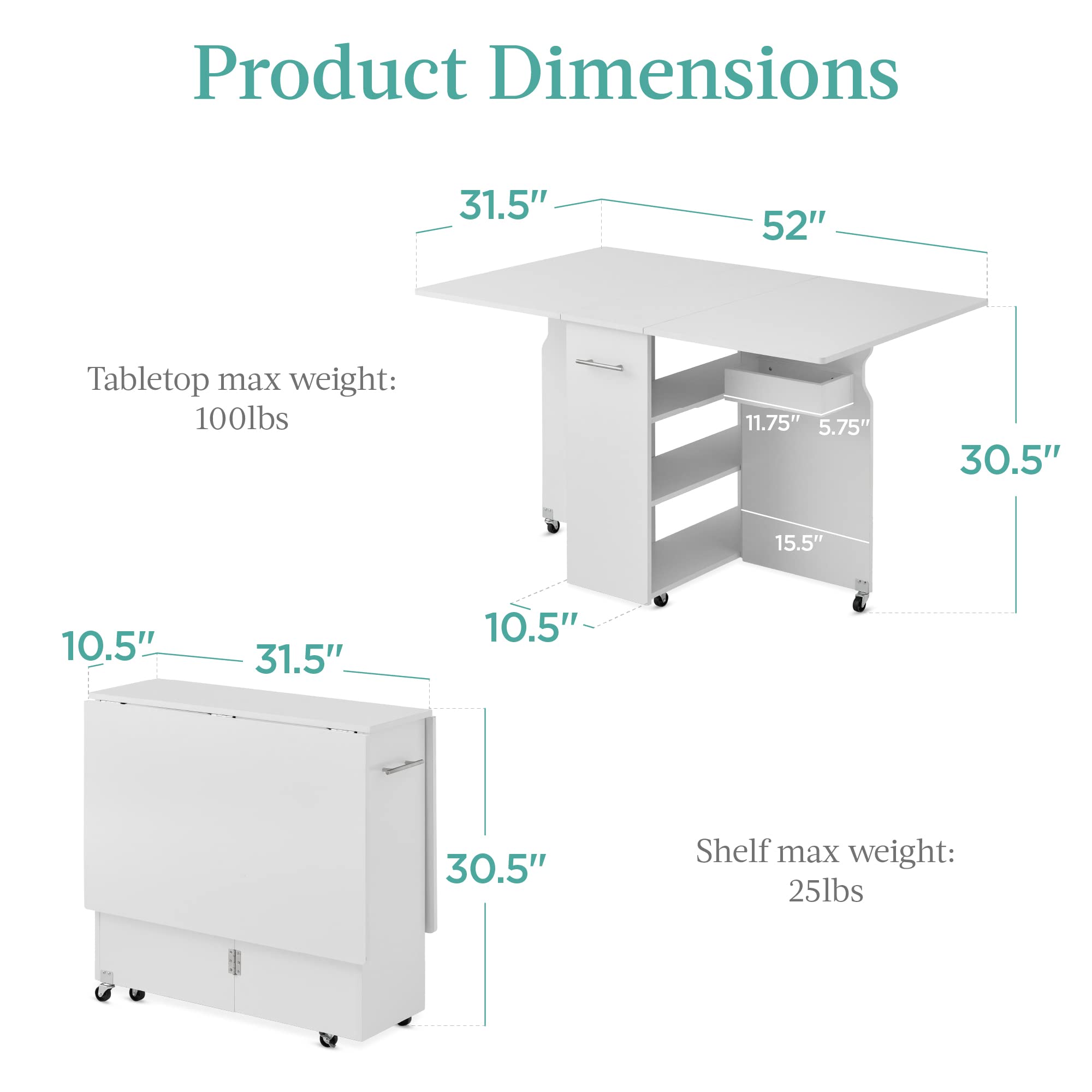 Best Choice Products Folding Dining Table with Wheels - White Space Saving Drop Leaf Extension Desk with 3 Storage Shelves, Perfect for Small Apartments, Kitchens, Dorm Rooms & Home Offices