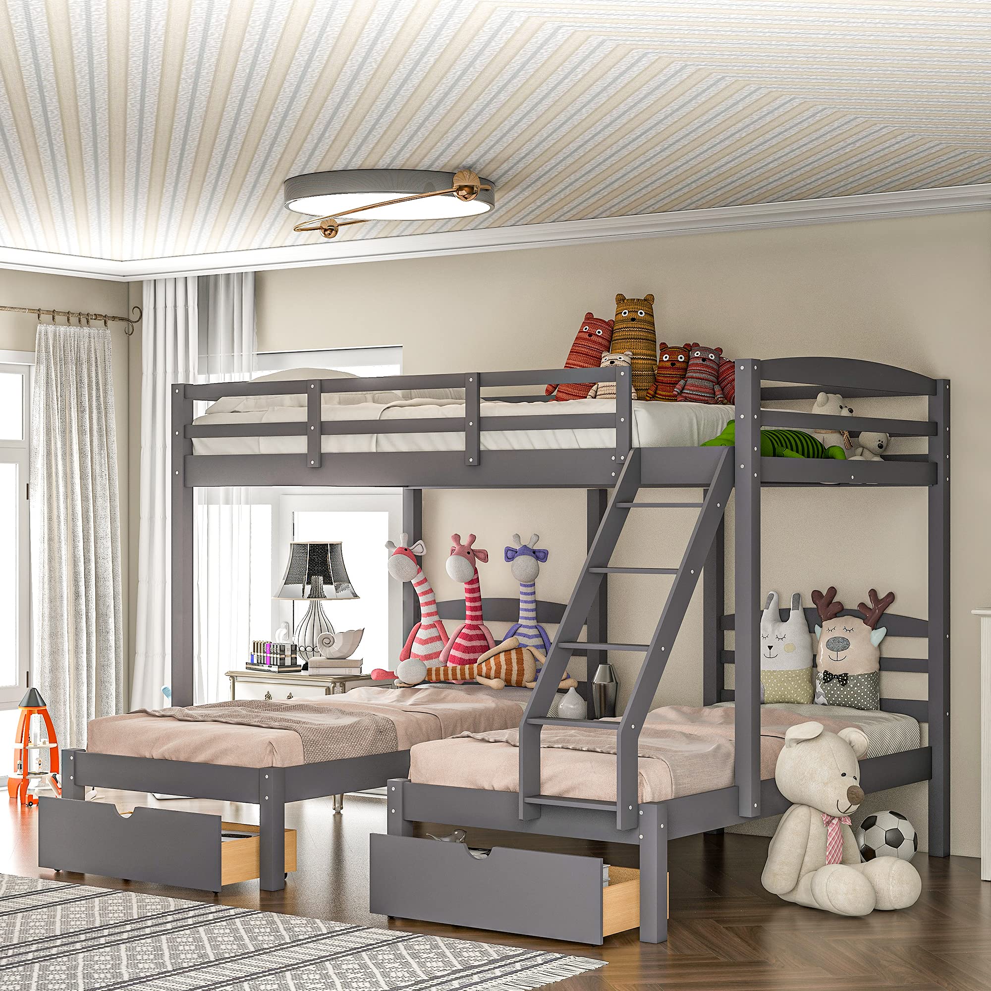 SOFTSEA Full Over Twin & Twin L-Shaped Triple Bunk Bed - 3 Beds in 1 Space-Saving Solution for Kids, Teens & Adults (Grey with Drawers) - Perfect for Small Bedrooms, Guest Rooms & Vacation Homes