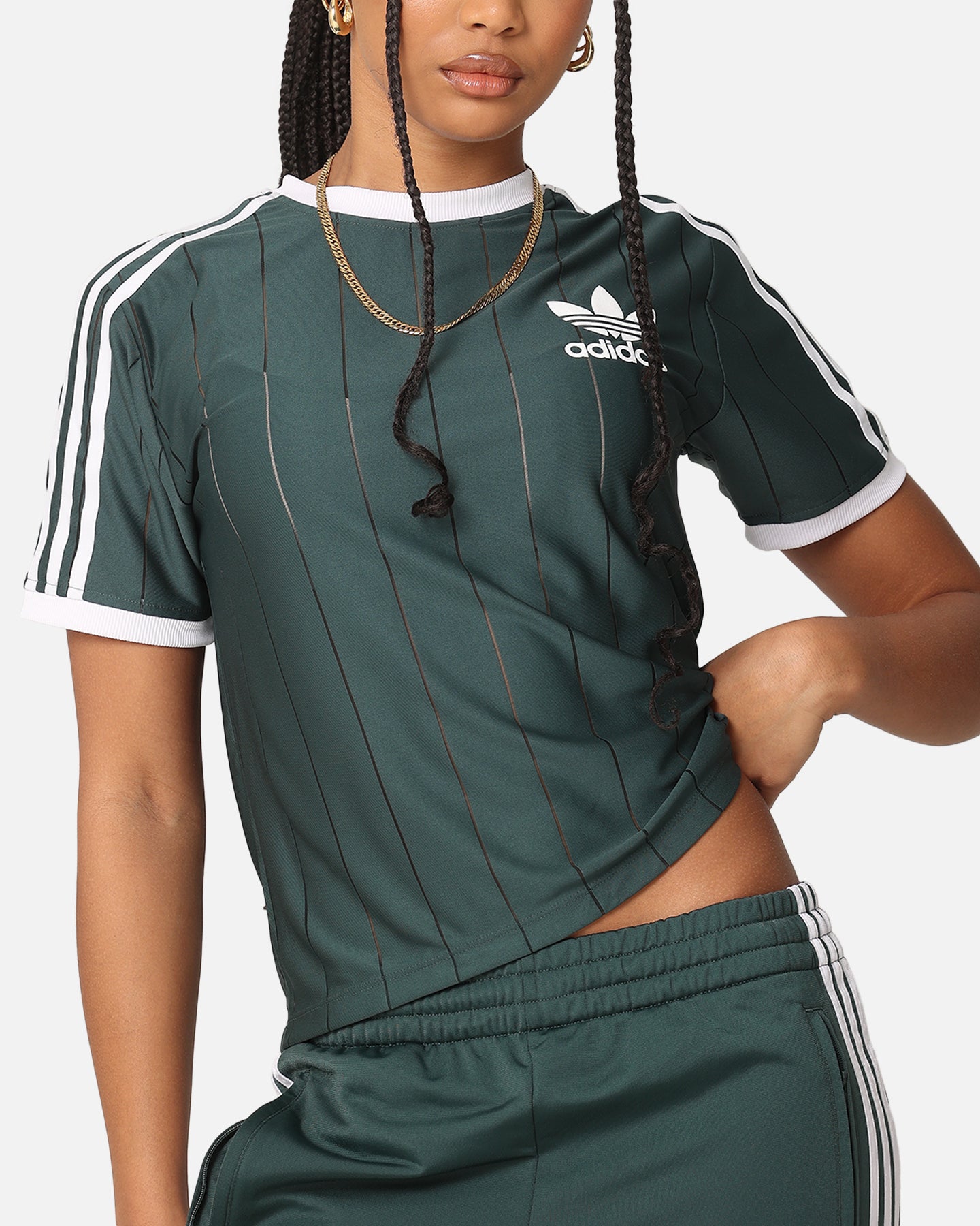 Adidas Women's 3 Stripes Pinstripe T-Shirt - Mineral Green Athletic Top for Running, Gym & Casual Wear