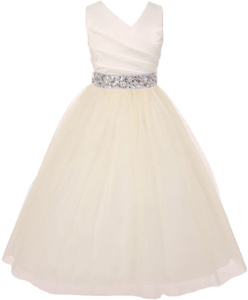 Elegant V-Neck Rhinestone Belt Flower Girl Dress for Little Girls - BluNight Collection - Perfect for Weddings, Parties & Special Occasions