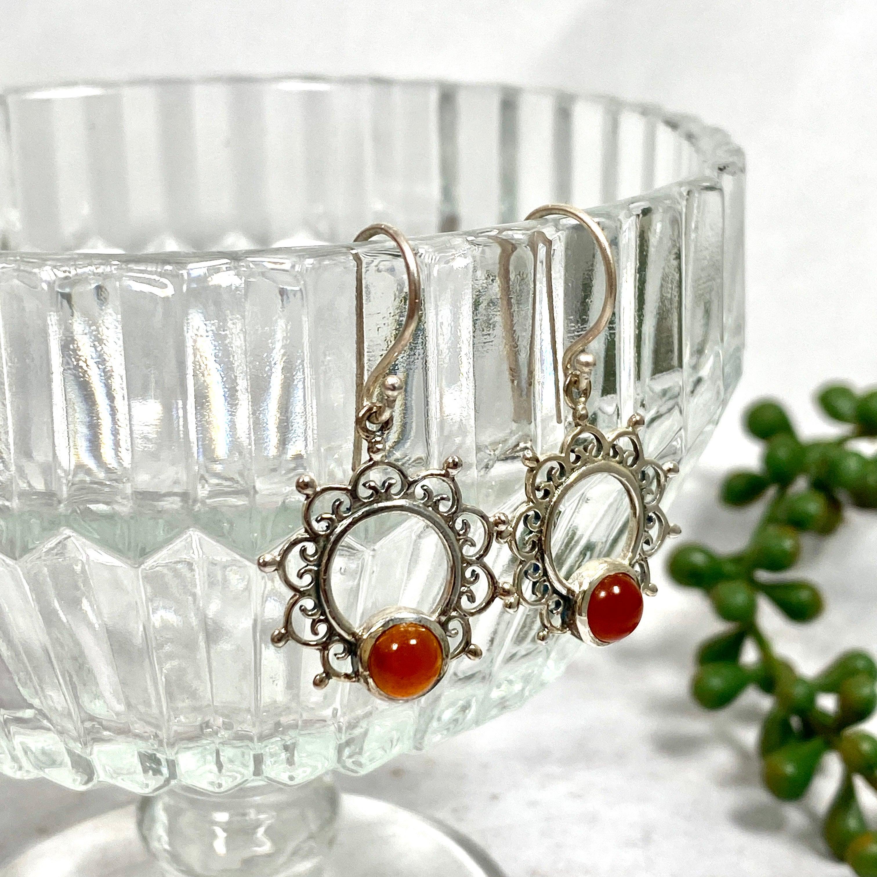Boho Mandala Carnelian Cabochon Earrings for Women – Handmade Gemstone Jewelry for Boho Chic Style, Yoga, Meditation & Festivals – KEGJ573