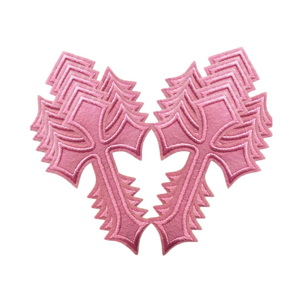 10pcs Pink Cross Iron-On Patches for Clothing - DIY Embroidered Appliques for Jackets, Jeans, Hats & Fabric - Cute Girl's Fashion Accessories for School, Parties & Streetwear Style
