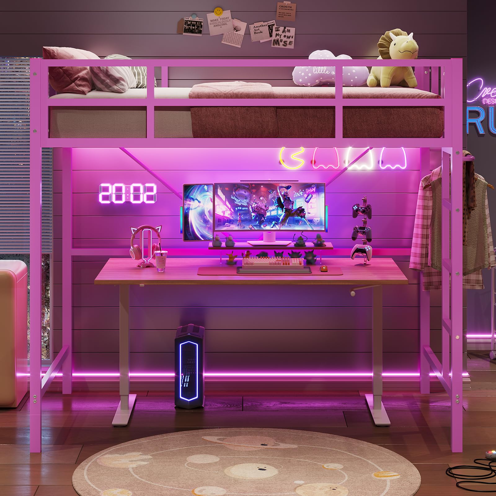 Hasuit Twin Metal Loft Bed with LED Lights - Sturdy Space-Saving Loft Bed Frame with Full-Length Guardrail & Clothes Rack - No Box Spring Needed, Noise Free - Perfect for Kids, Teens & Small Bedrooms (Pink)