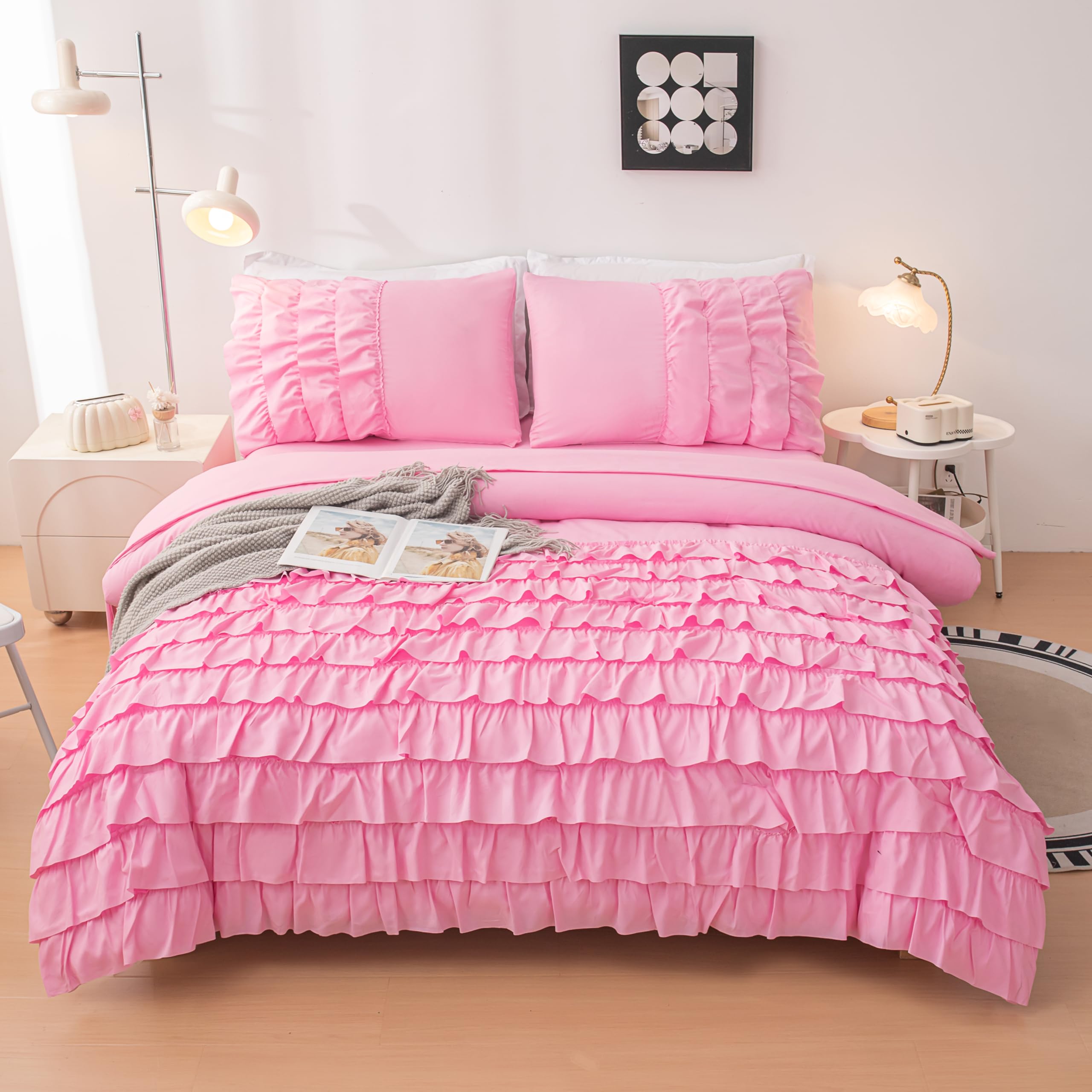 **Pink Princess Dress Comforter Set Queen Size - 5 Piece Teen Girls Bed in a Bag with Ruffled Bedding & Sheets - Perfect for Kids' Room, Birthday Gifts & Princess-Themed Decor**