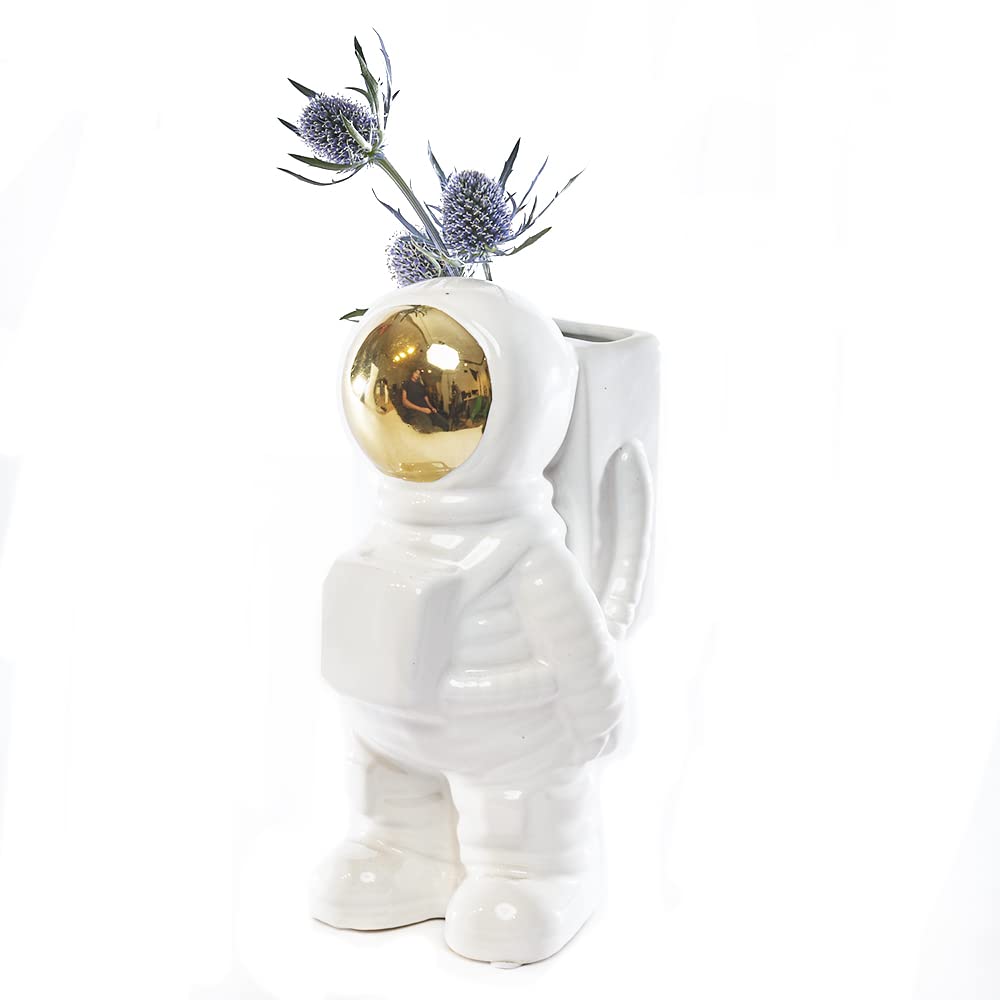 Chive Astronaut Shape Vase - Modern White & Gold Ceramic Planter for Flowers, Succulents | Perfect for Home Decor, Office Desk, Gift Ideas (Large Size)