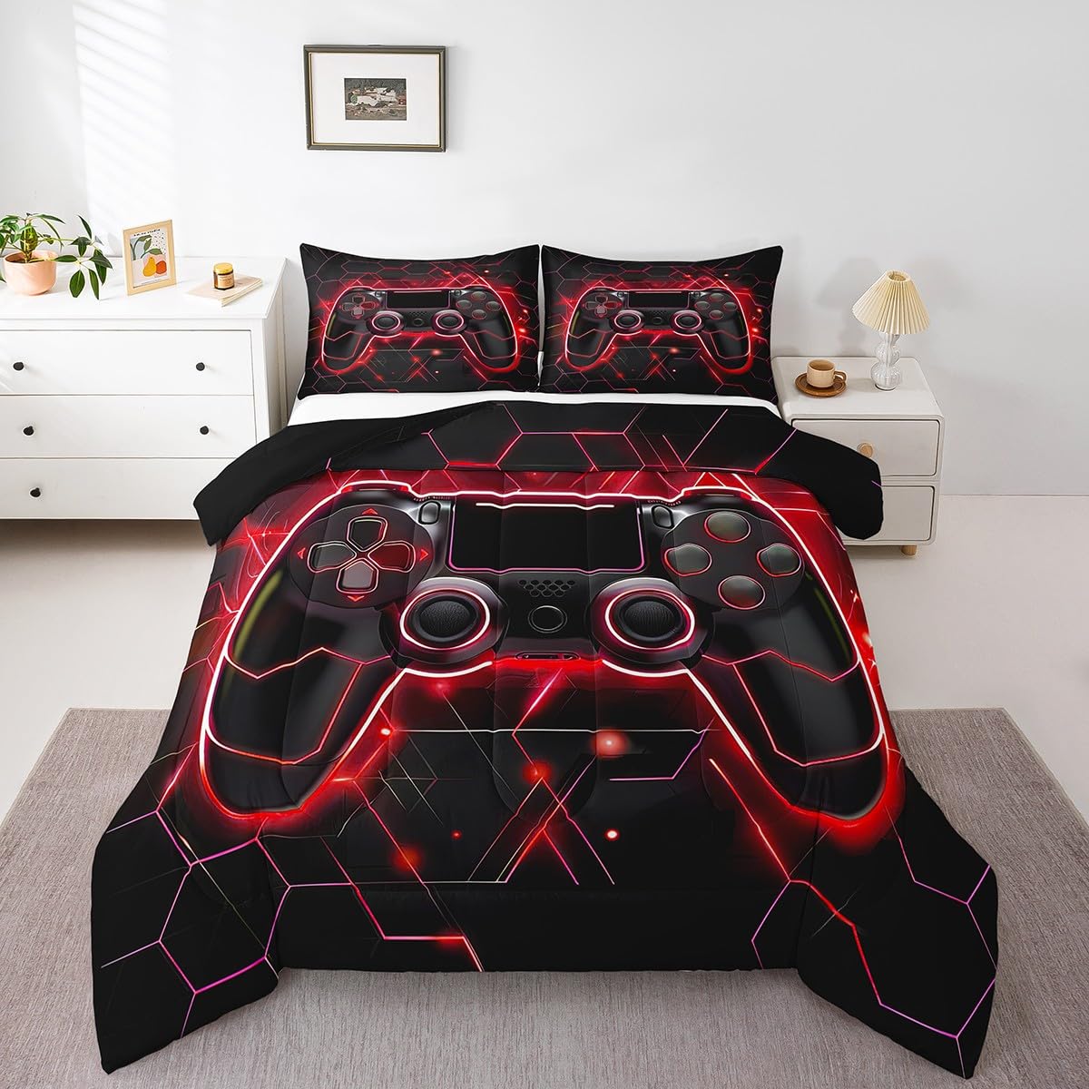 Erosebridal Honeycomb King Comforter Set - Neon Gaming Bedding for Boys Room Decor
