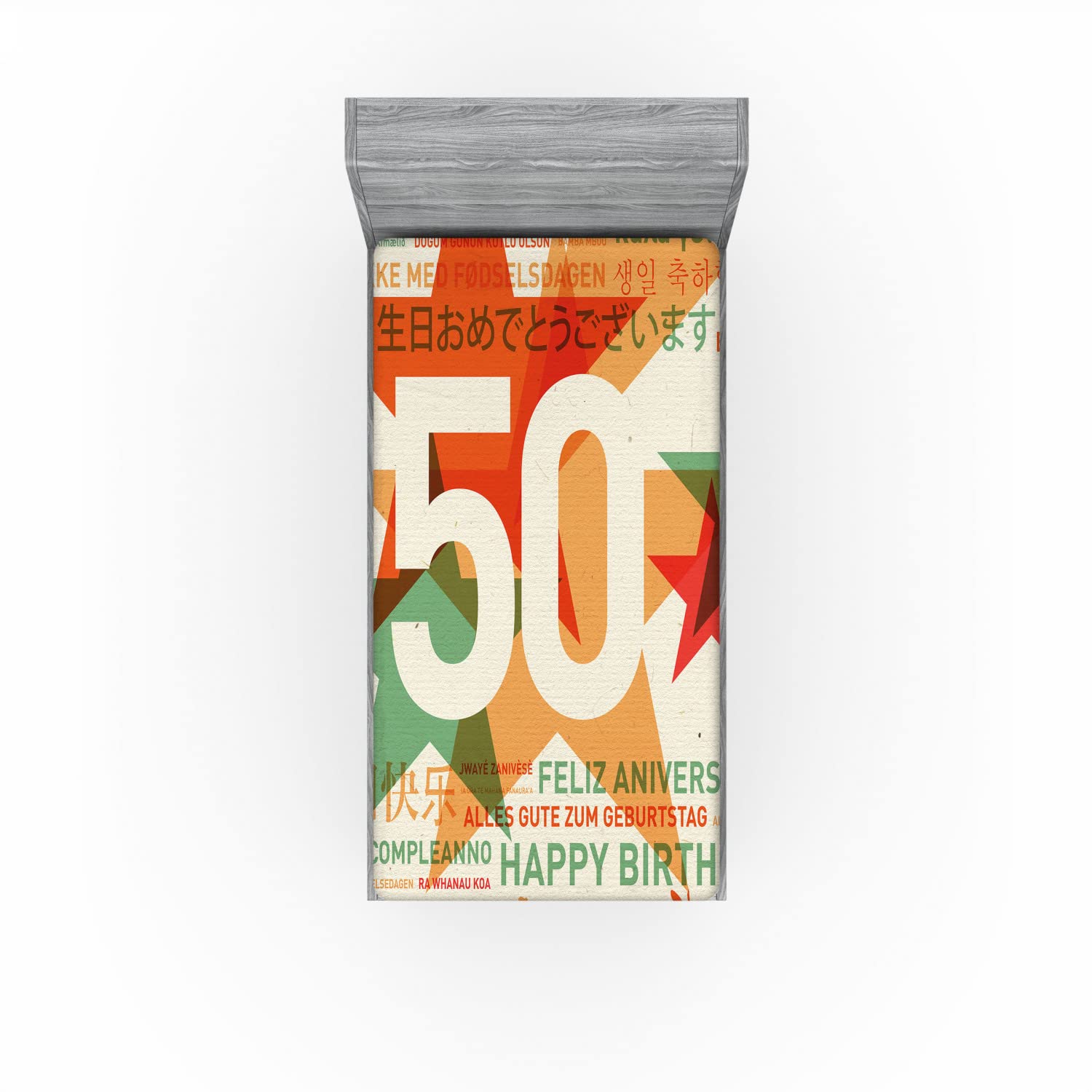Ambesonne 50th Birthday Fitted Sheet - Multilingual Happy Birthday Retro Design with Stars Print, Deep Pocket Elastic Twin Size Bed Sheet in Green Red Orange - Perfect for Birthday Parties, Room Decor & Photo Backdrops