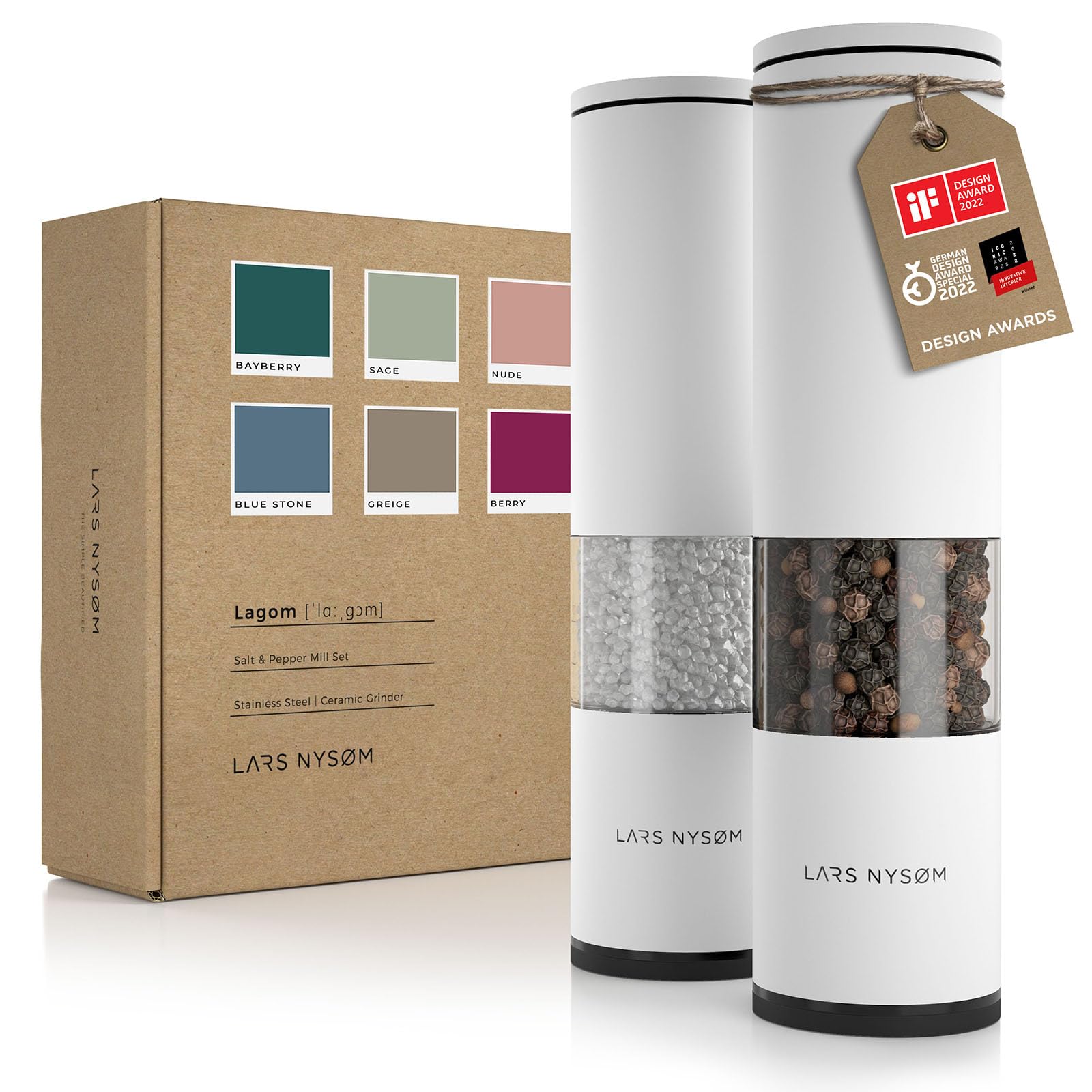Premium LARS NYSØM Salt and Pepper Grinder Set - 2-Piece Adjustable Ceramic Mill with Ergonomic Design - Manual Spice Grinder for Kitchen, Dining Table & Outdoor Cooking (Pure White)