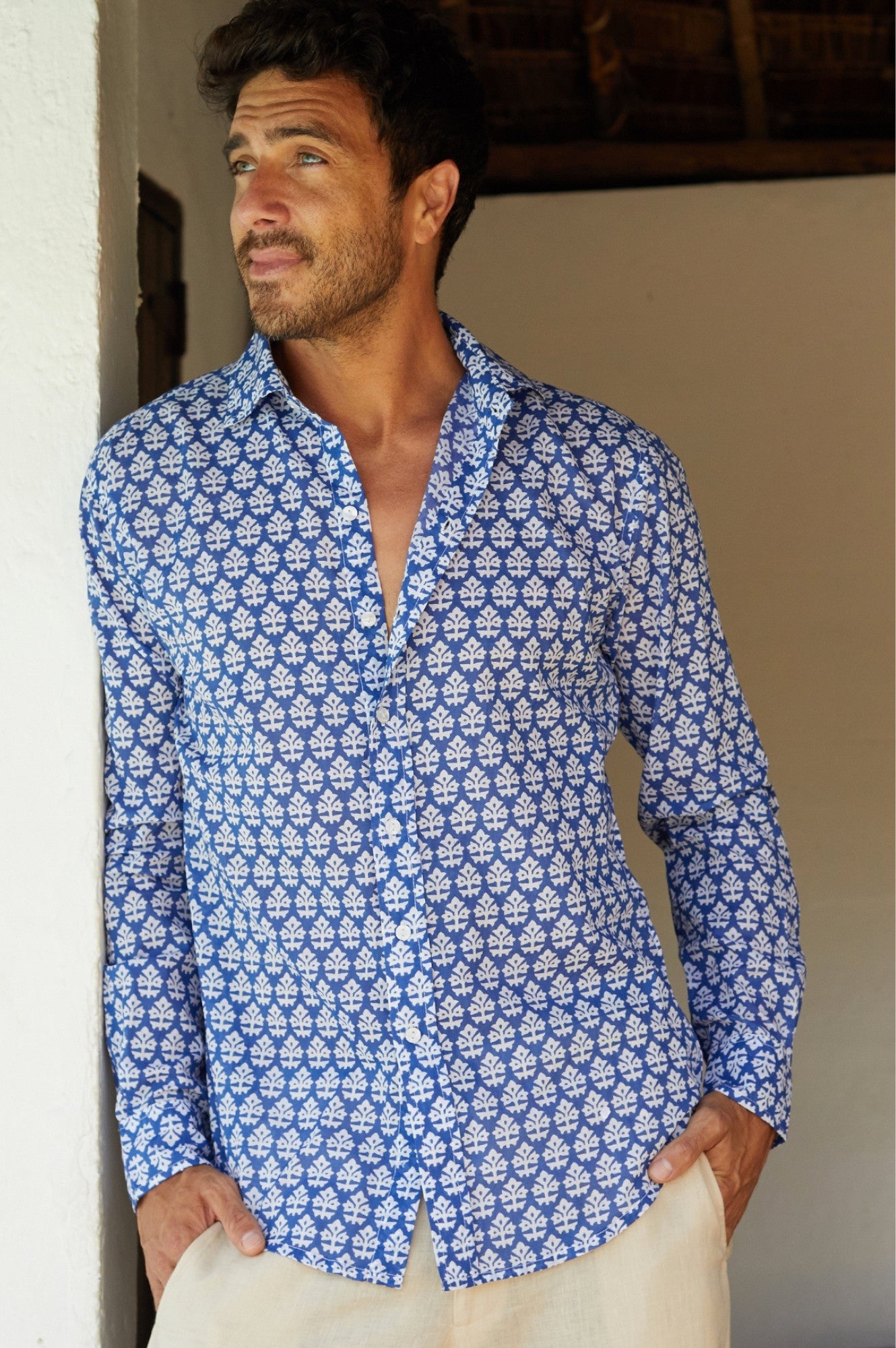 Stylish Men's Batik Print Cotton Shirt - Blue and White Casual Button Down Shirt for Summer, Beach & Vacation Wear