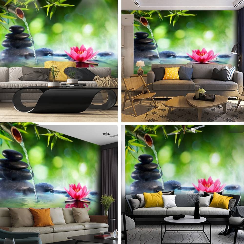Zen Garden Canvas Wallpaper - Spa Stones & Waterlily with Fountain Self-Adhesive Peel & Stick Wall Mural, Wall Decal for Living Room, Bedroom, Office | Easy Home Decor Upgrade for Meditation Spaces & Relaxing Atmospheres