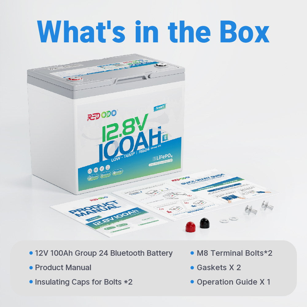 Redodo 12V 100Ah Group 24 Bluetooth LiFePO4 Deep Cycle Battery with Real-Time Monitoring - Perfect for RV, Marine, Solar Power Systems & Off-Grid Applications
