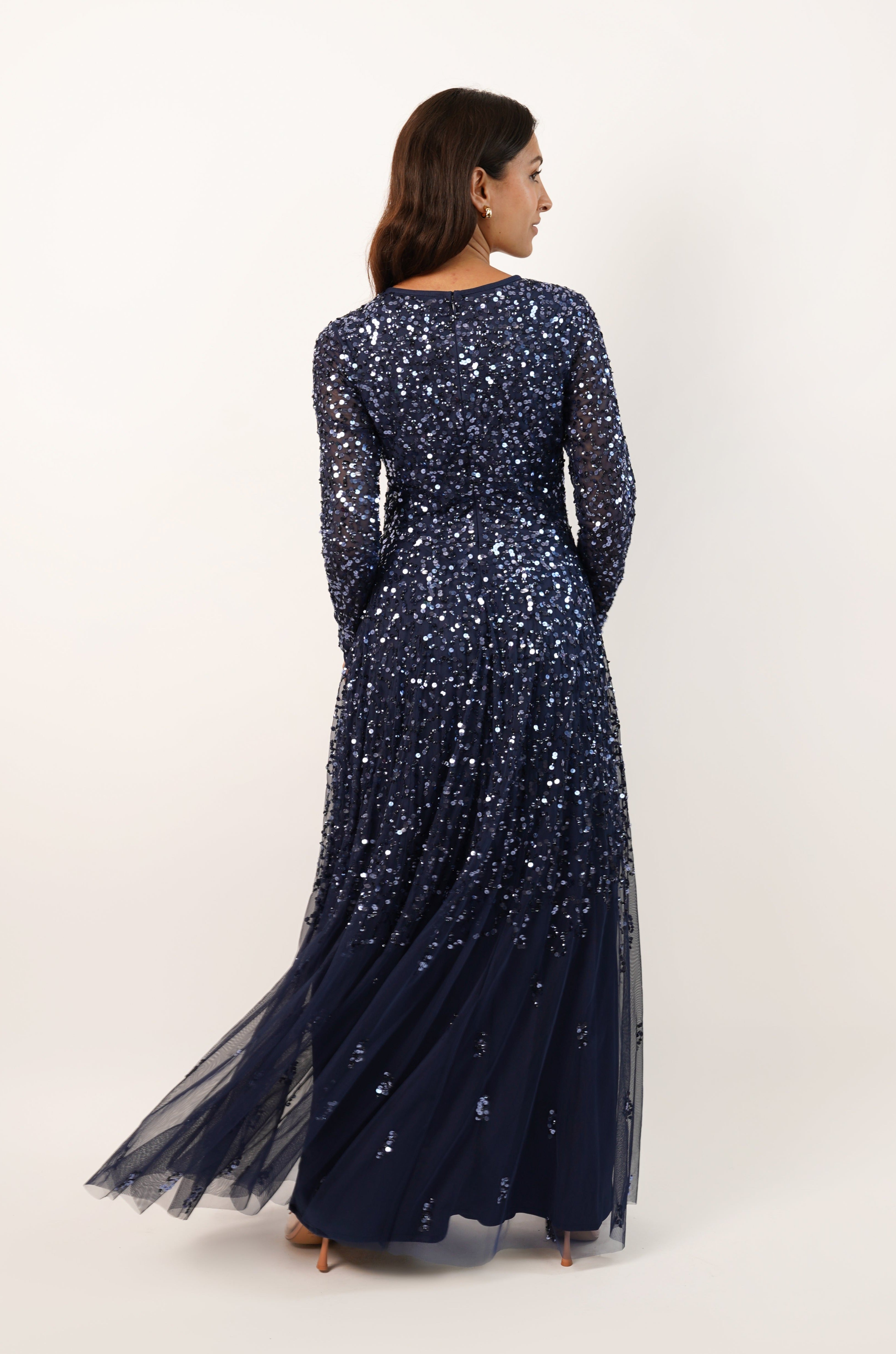 Elegant Dark Blue Embellished Long Sleeve Maxi Dress for Women | Formal Evening Gown | Perfect for Weddings, Parties & Special Occasions