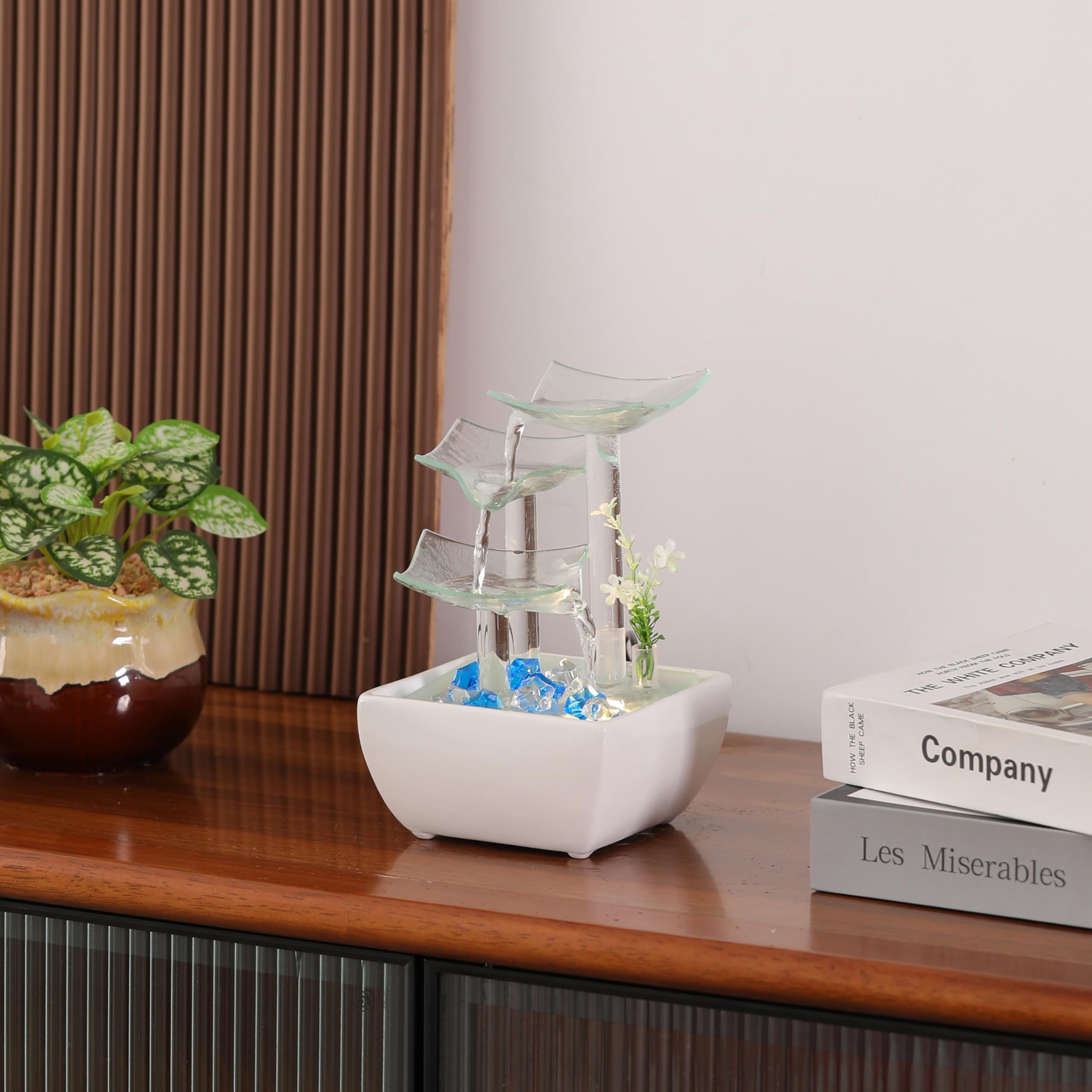 Ceramic and Glass Tabletop Fountain - Indoor Home Decor for Desk, Office & Patio - Relaxing White Water Feature for Stress Relief & Zen Ambiance