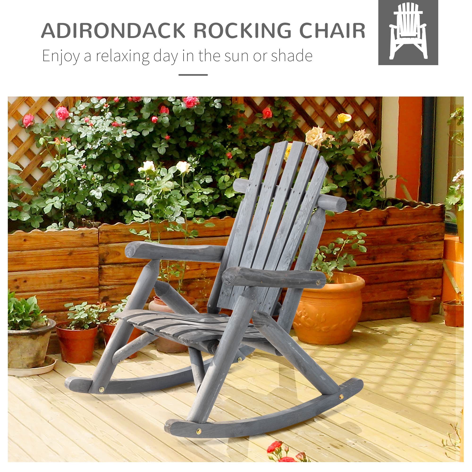 Outsunny Dark Gray Wooden Rocking Chair - Single-Person Adirondack Patio Rocker with Rustic High Back & Slatted Design for Backyard, Garden, Porch - Perfect for Relaxing Outdoors & Indoor Lounging