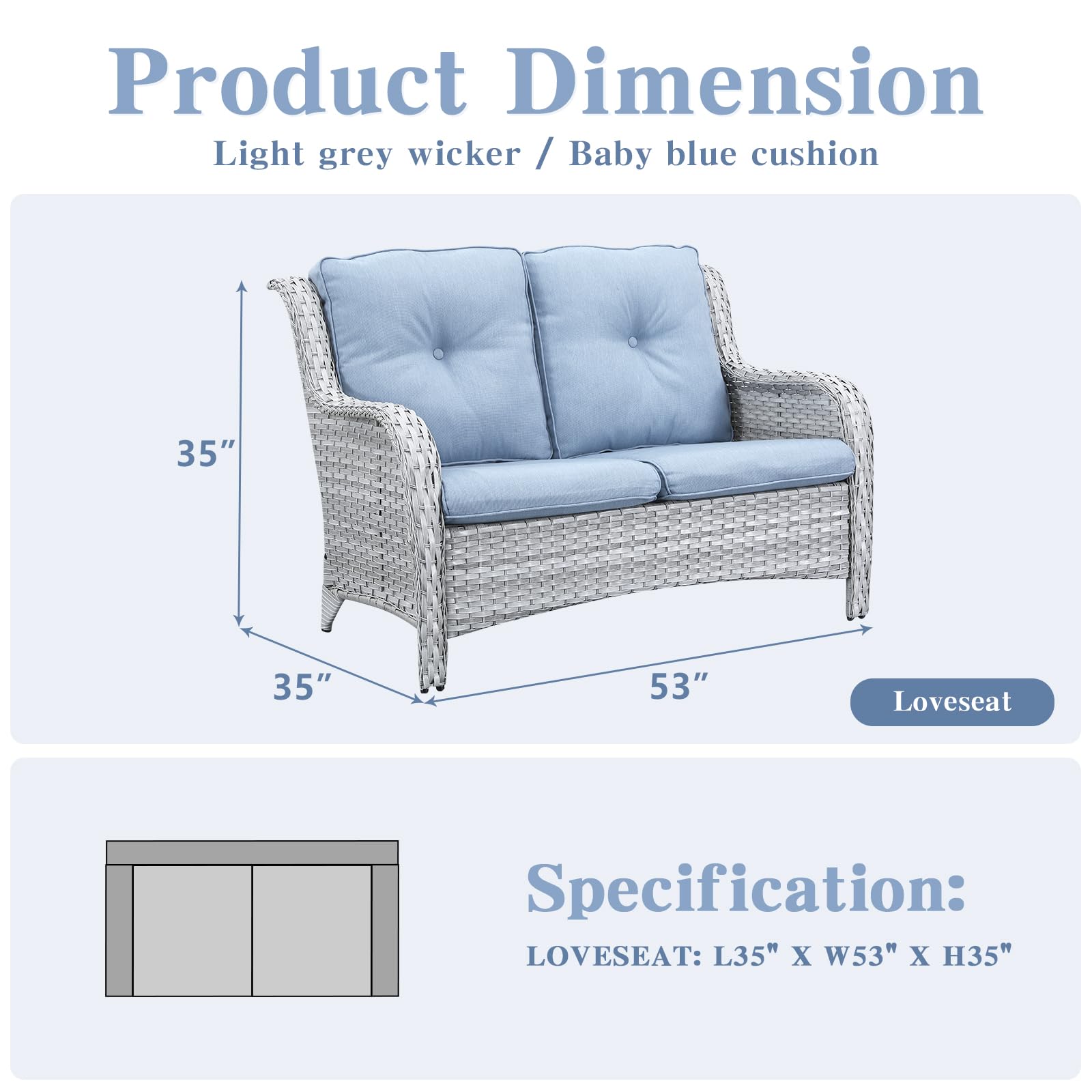 Outdoor Loveseat - 2 Seater Wicker Sofa with Baby Blue Cushion, Patio Furniture for Porch, Deck & Backyard | Perfect for Relaxing, Entertaining & Small Outdoor Spaces