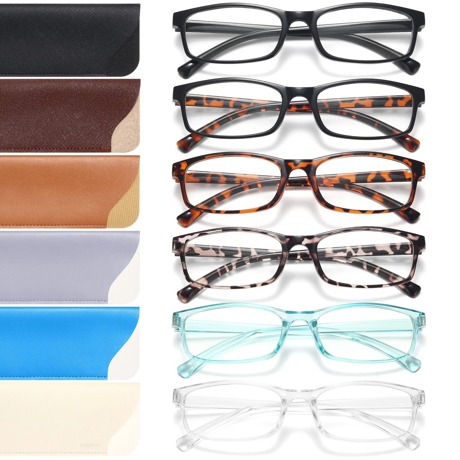 Gaoye 6 Pack Blue Light Blocking Reading Glasses for Women & Men - Anti UV Magnifying Readers (1.0X) with 6 Leather Cases - Perfect for Computer Work, Reading & Screen Time Protection