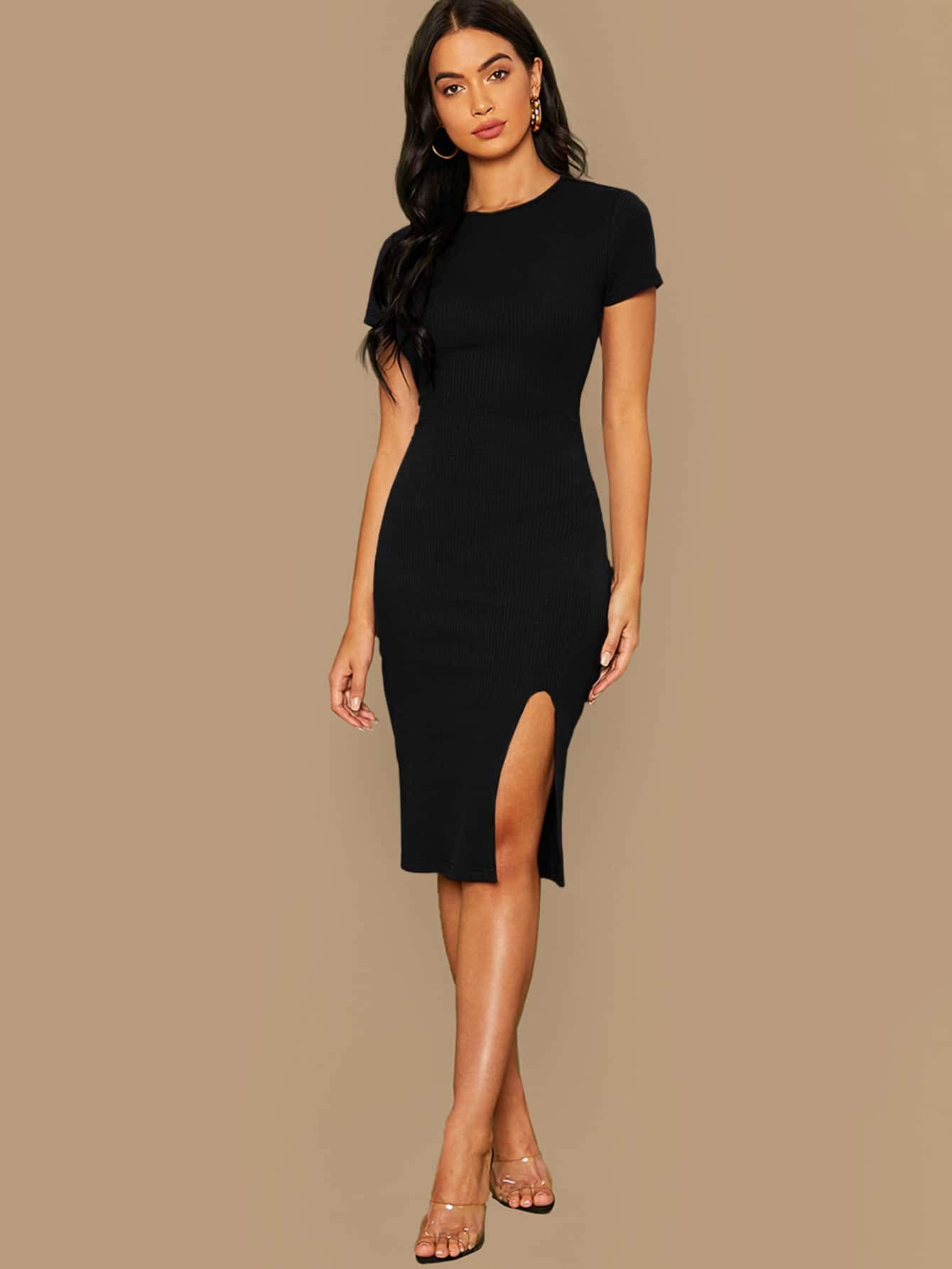 Elegant Rib-Knit Bodycon Dress for Women - Slim Fit with Slit Hem, Black, Size Large | Perfect for Cocktail Parties, Date Nights & Special Occasions